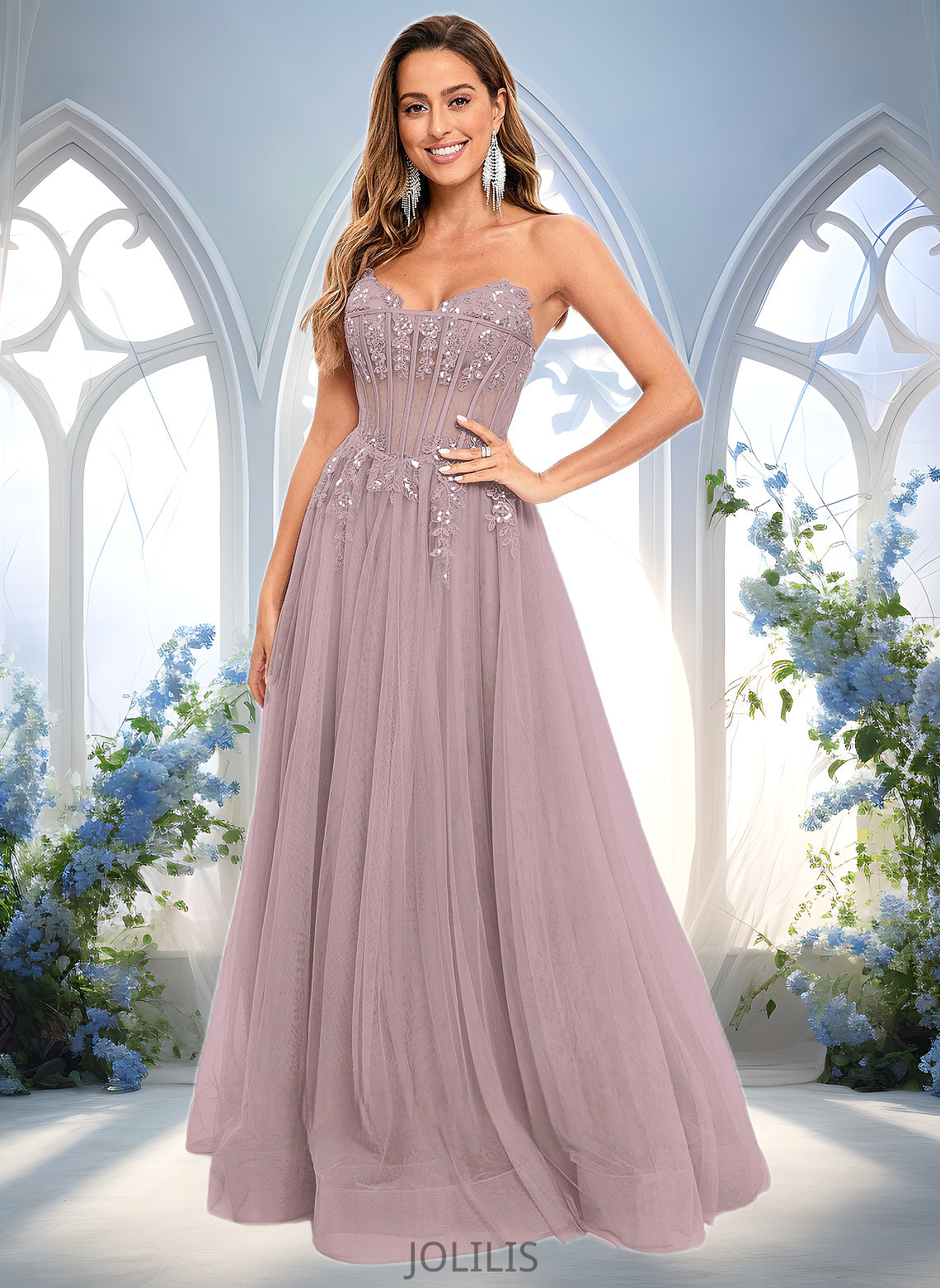 Melissa Ball-Gown/Princess V-Neck Floor-Length Tulle Prom Dresses With Sequins Appliques Lace HIP0025837