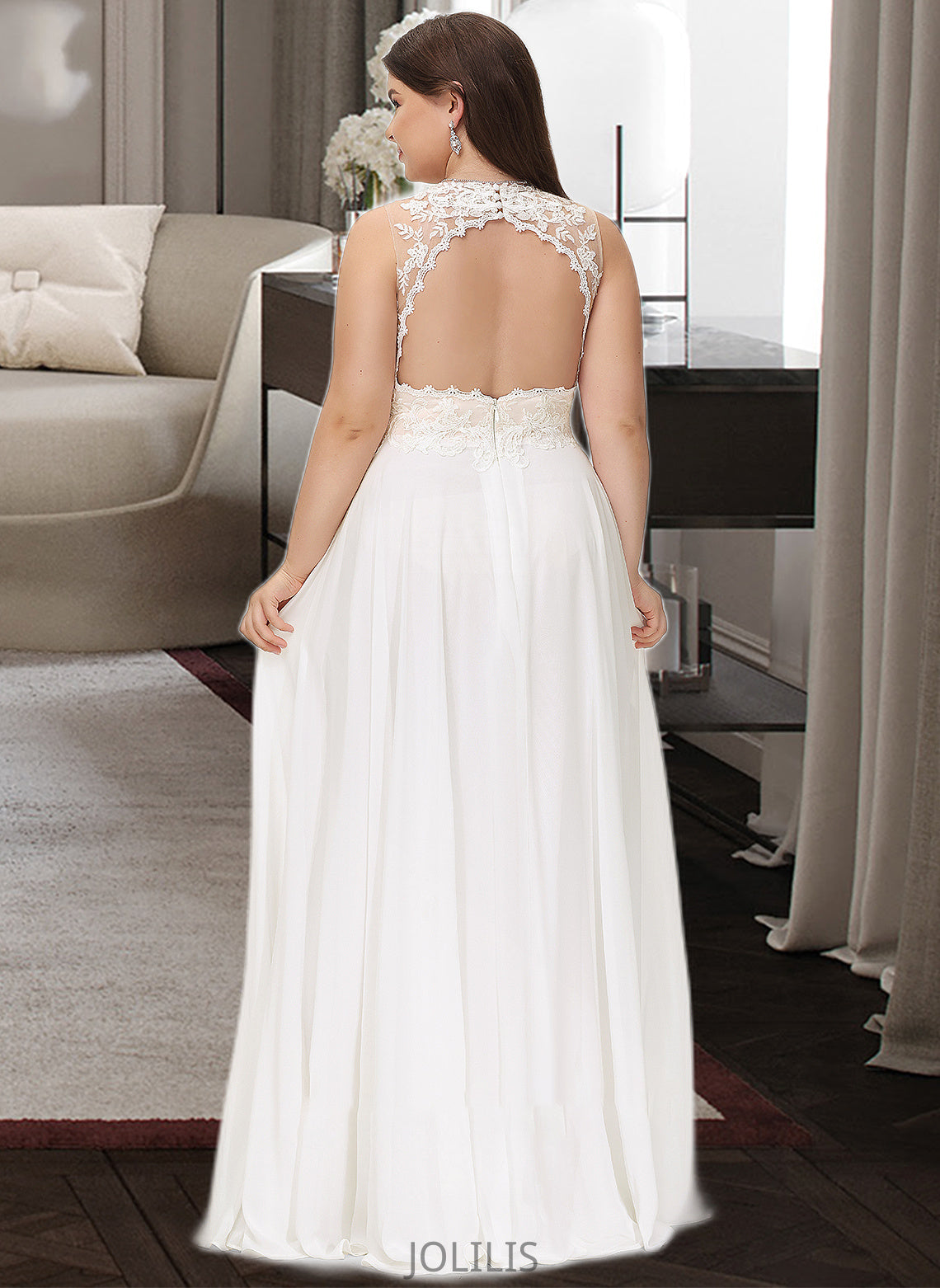 Paola A-Line V-neck Sweep Train Chiffon Lace Wedding Dress With Lace HIP0013677