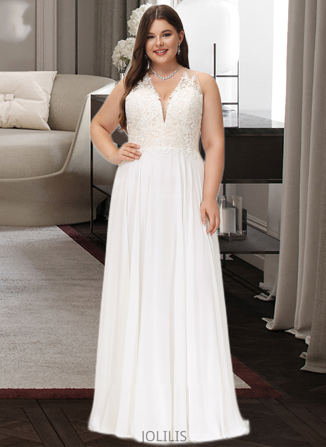 Paola A-Line V-neck Sweep Train Chiffon Lace Wedding Dress With Lace HIP0013677