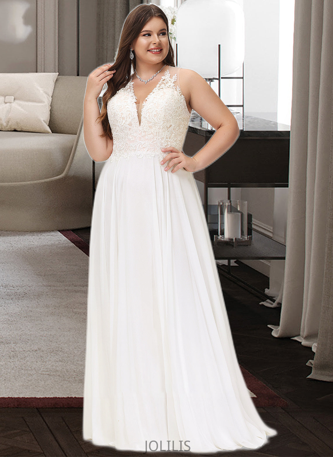 Paola A-Line V-neck Sweep Train Chiffon Lace Wedding Dress With Lace HIP0013677