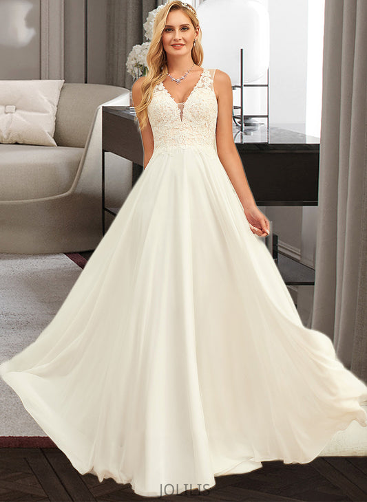 Paola A-Line V-neck Sweep Train Chiffon Lace Wedding Dress With Lace HIP0013677