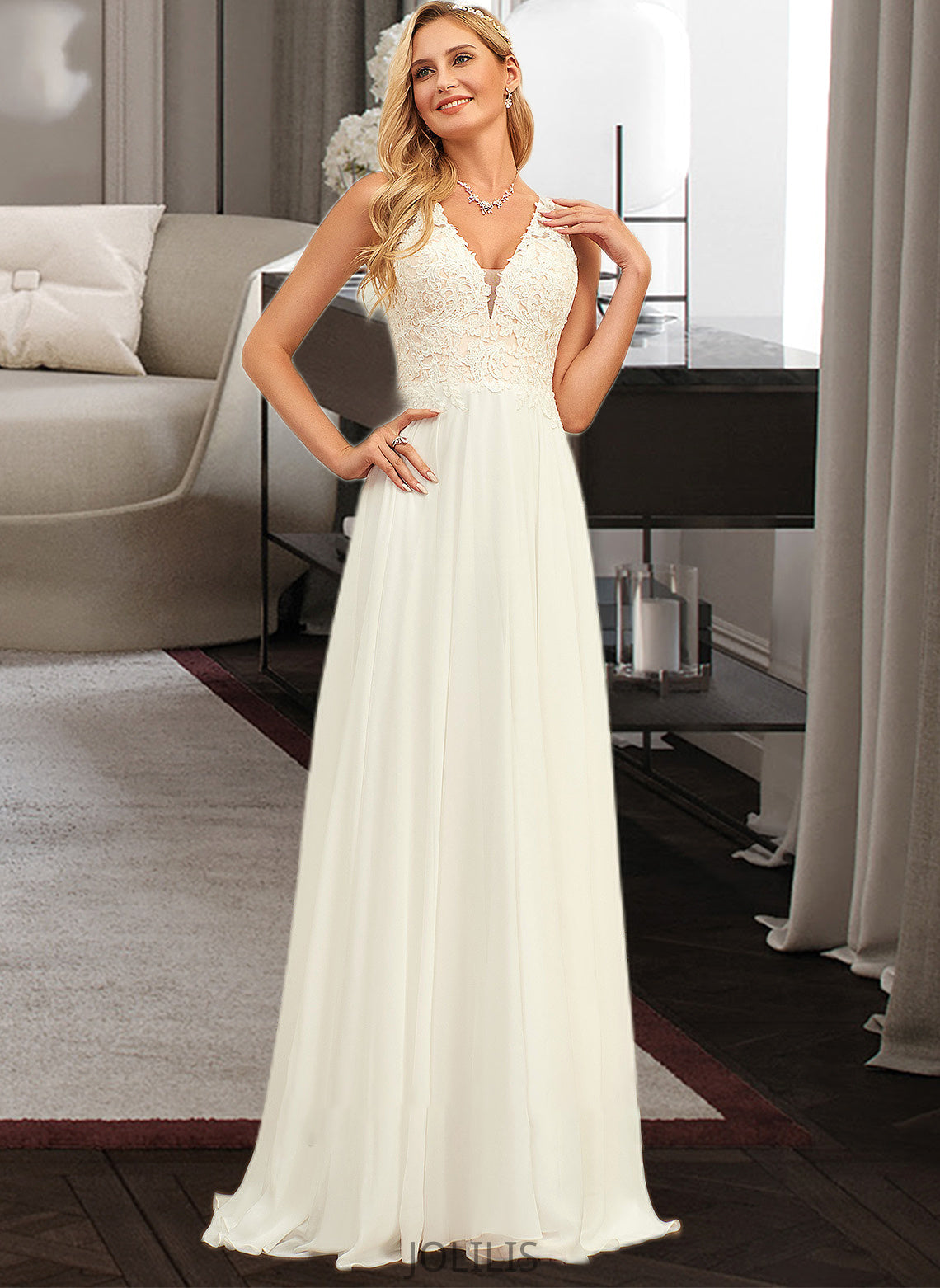 Paola A-Line V-neck Sweep Train Chiffon Lace Wedding Dress With Lace HIP0013677