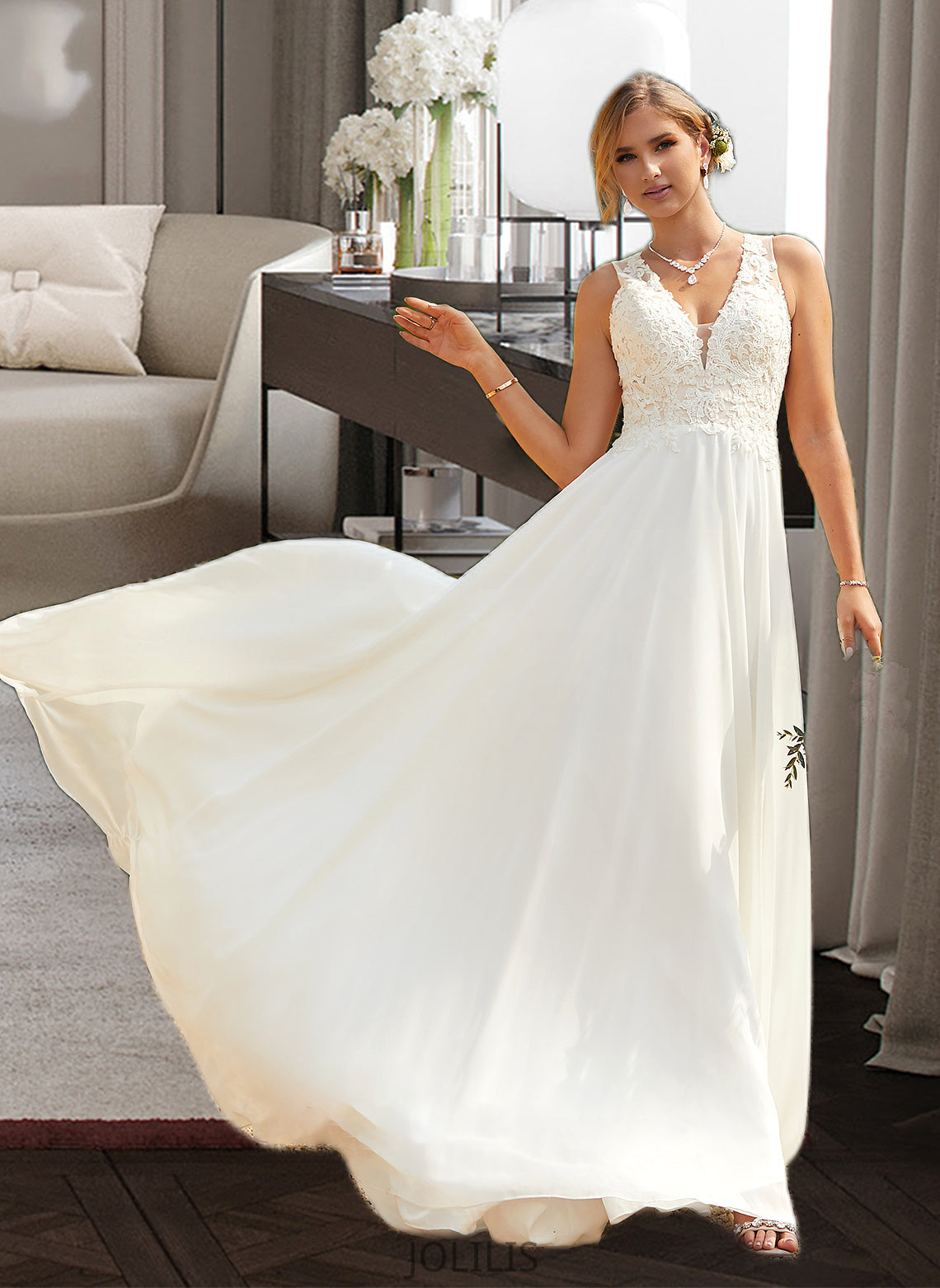 Paola A-Line V-neck Sweep Train Chiffon Lace Wedding Dress With Lace HIP0013677