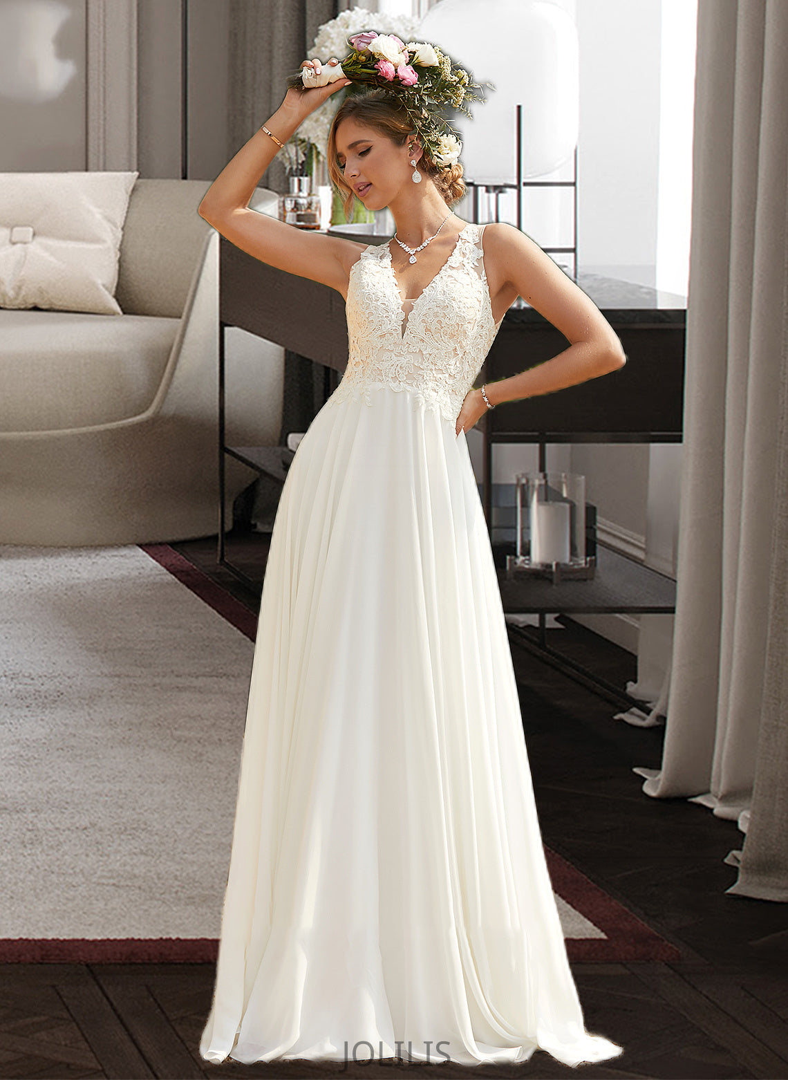 Paola A-Line V-neck Sweep Train Chiffon Lace Wedding Dress With Lace HIP0013677