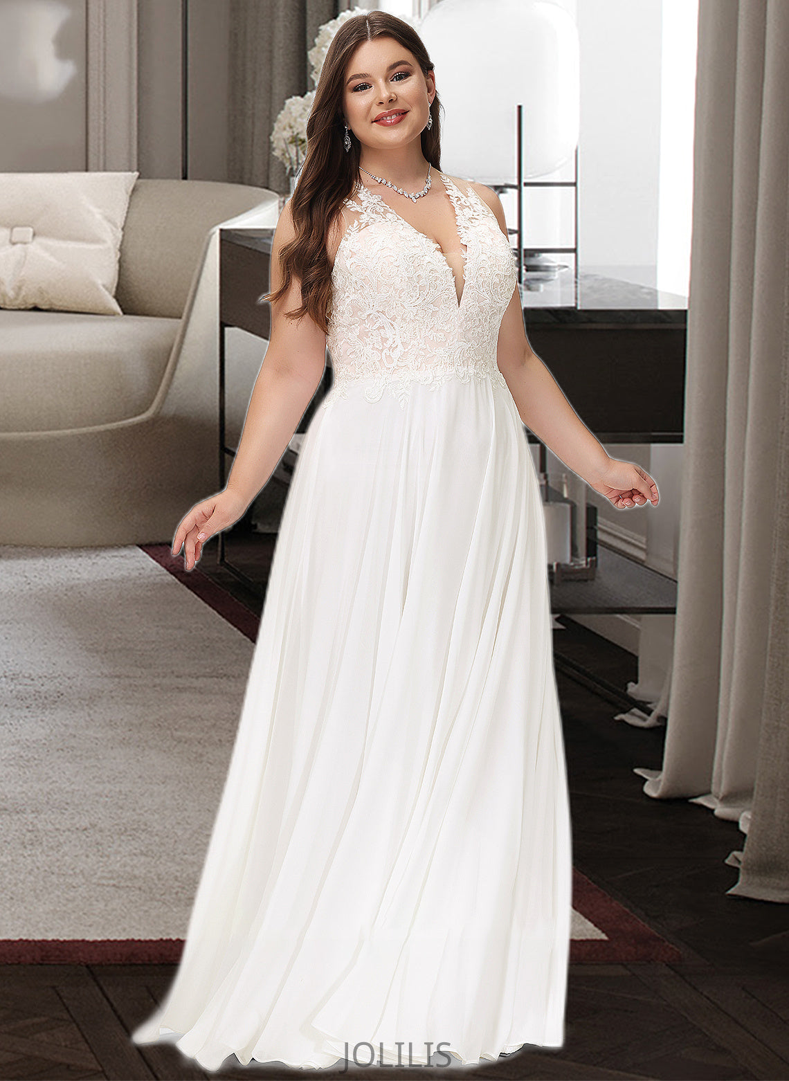 Paola A-Line V-neck Sweep Train Chiffon Lace Wedding Dress With Lace HIP0013677