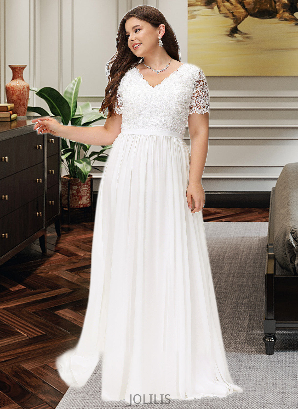 Mckinley A-Line V-neck Floor-Length Chiffon Lace Wedding Dress HIP0013678