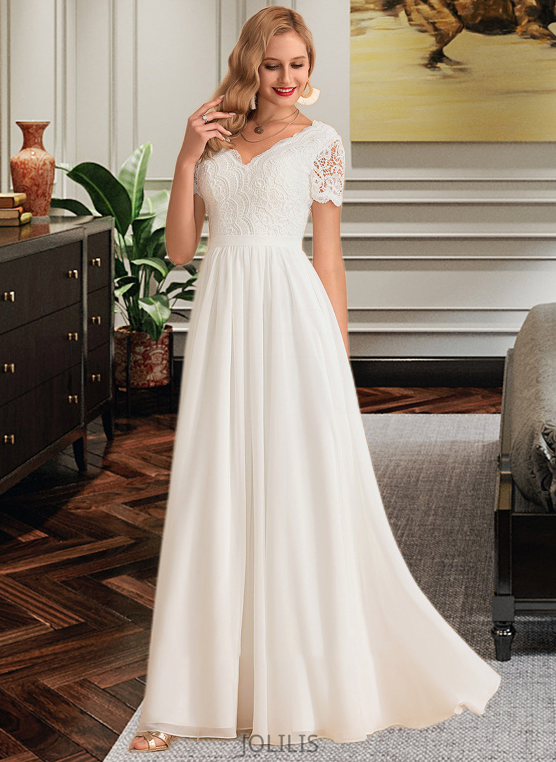 Mckinley A-Line V-neck Floor-Length Chiffon Lace Wedding Dress HIP0013678