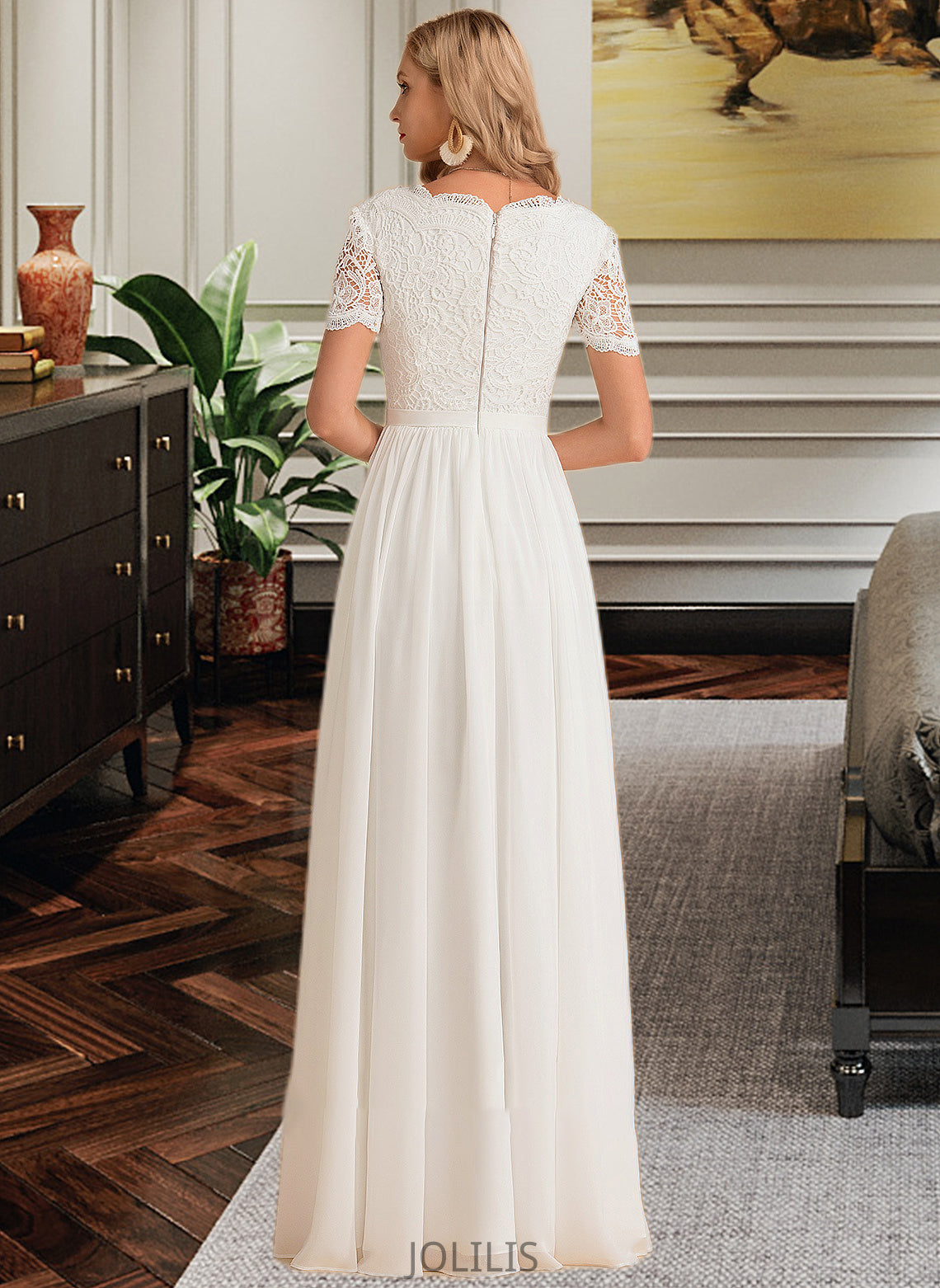 Mckinley A-Line V-neck Floor-Length Chiffon Lace Wedding Dress HIP0013678