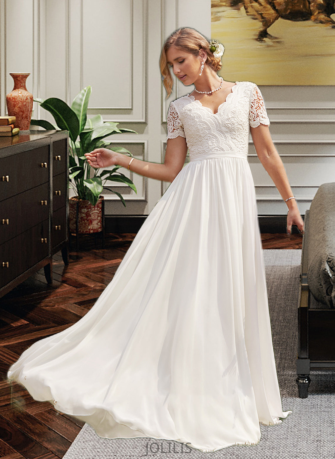 Mckinley A-Line V-neck Floor-Length Chiffon Lace Wedding Dress HIP0013678