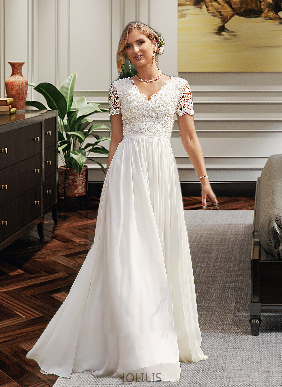 Mckinley A-Line V-neck Floor-Length Chiffon Lace Wedding Dress HIP0013678