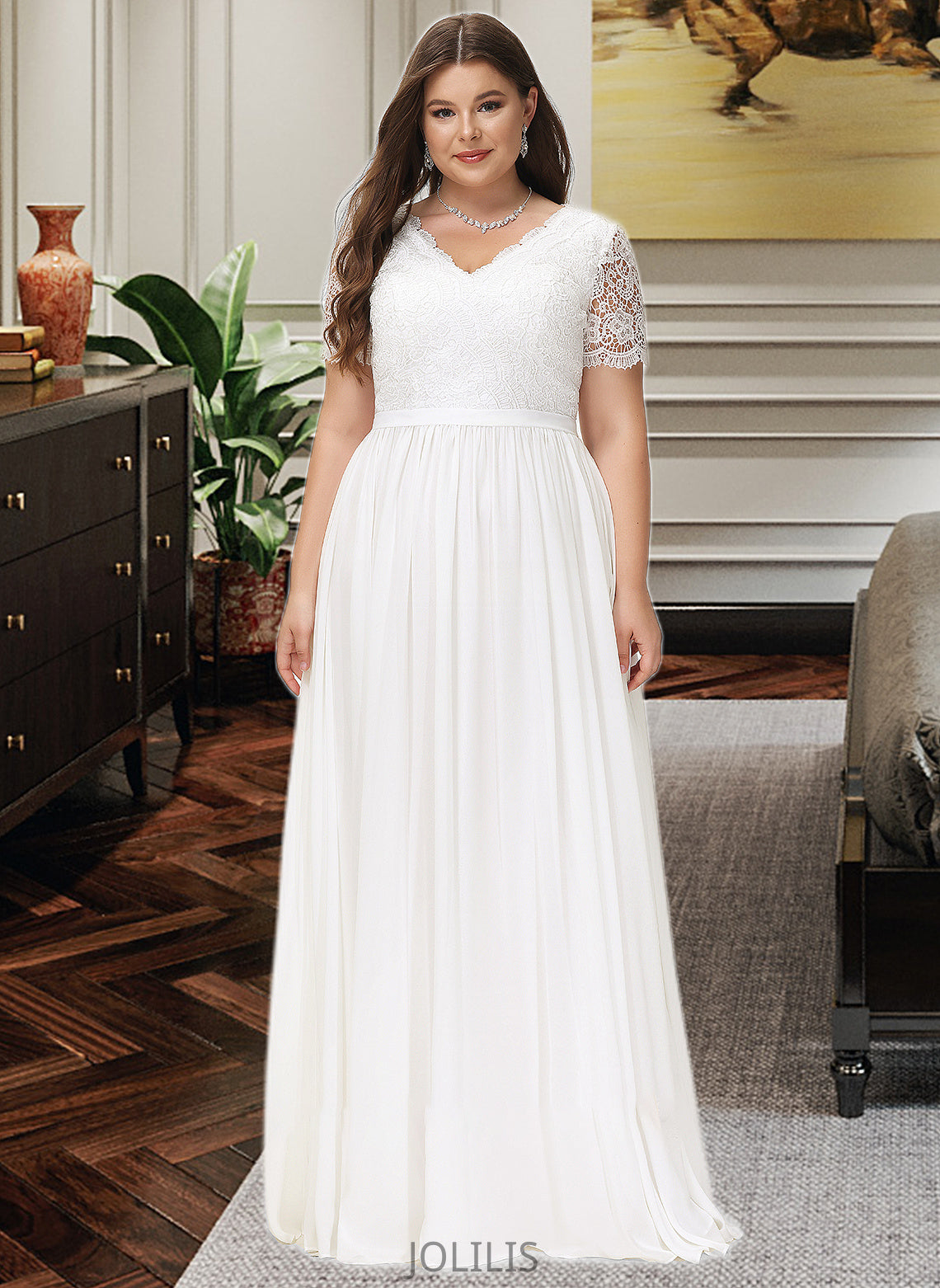 Mckinley A-Line V-neck Floor-Length Chiffon Lace Wedding Dress HIP0013678