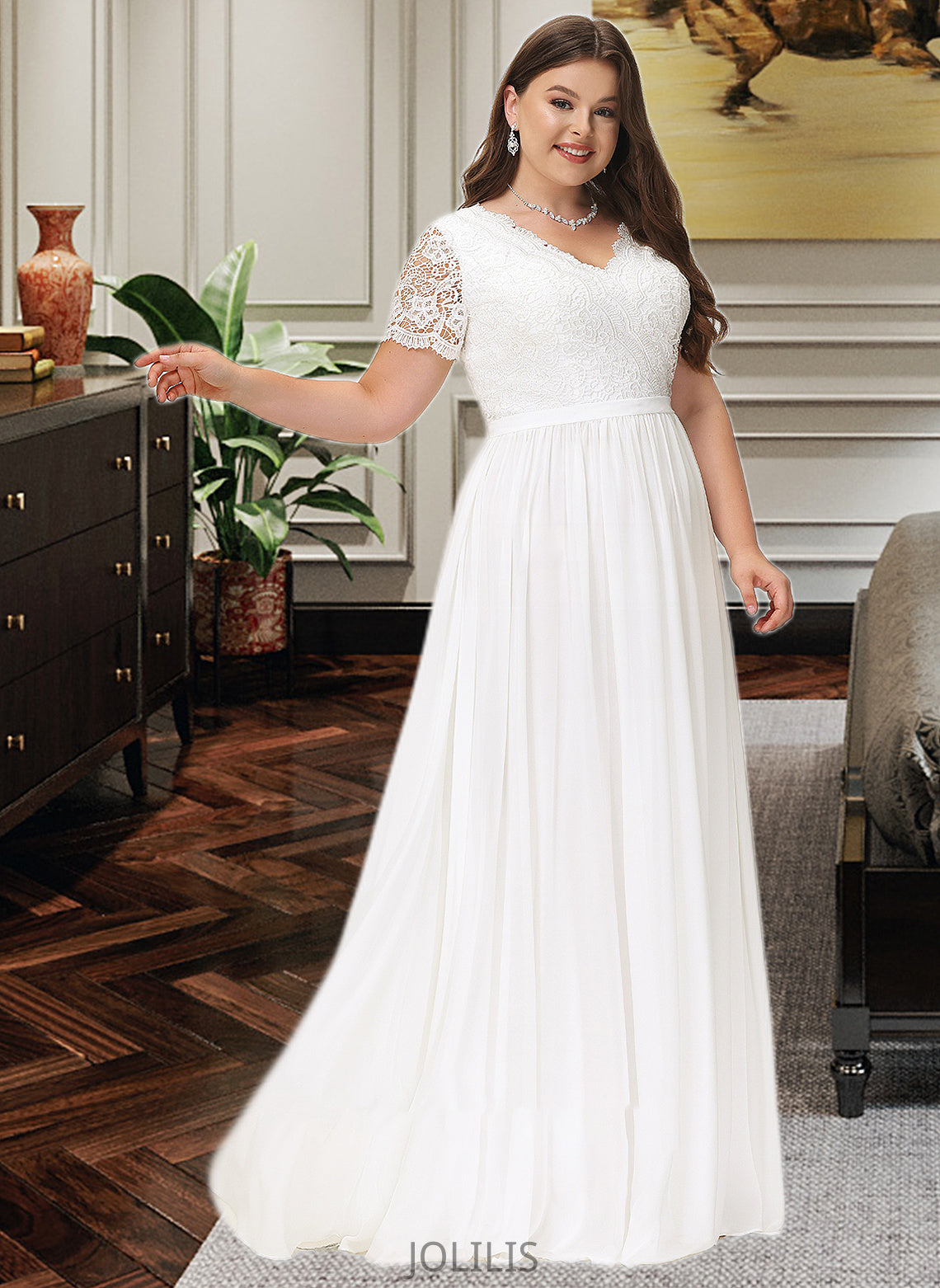 Mckinley A-Line V-neck Floor-Length Chiffon Lace Wedding Dress HIP0013678