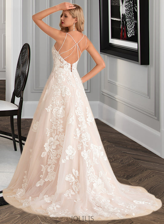 Cassie Ball-Gown/Princess V-neck Court Train Tulle Lace Wedding Dress With Beading Pockets HIP0013679