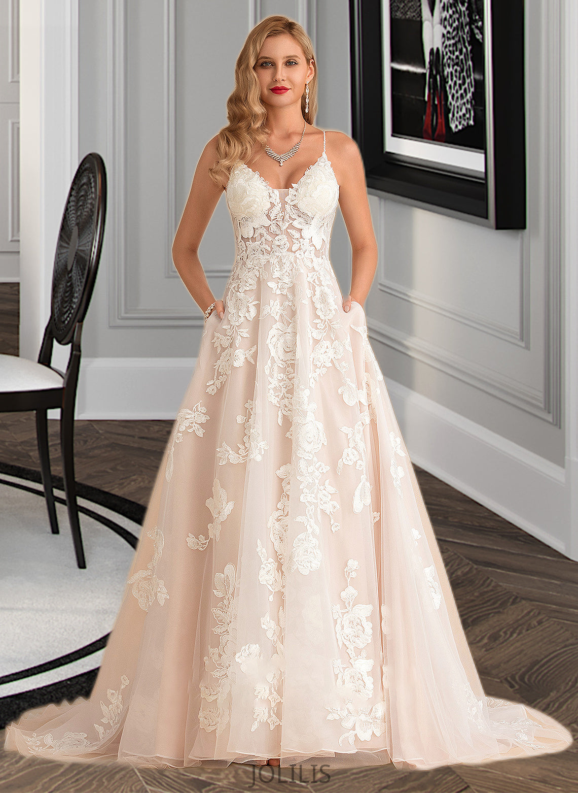 Cassie Ball-Gown/Princess V-neck Court Train Tulle Lace Wedding Dress With Beading Pockets HIP0013679