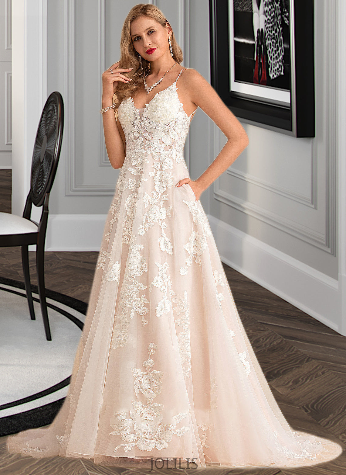 Cassie Ball-Gown/Princess V-neck Court Train Tulle Lace Wedding Dress With Beading Pockets HIP0013679