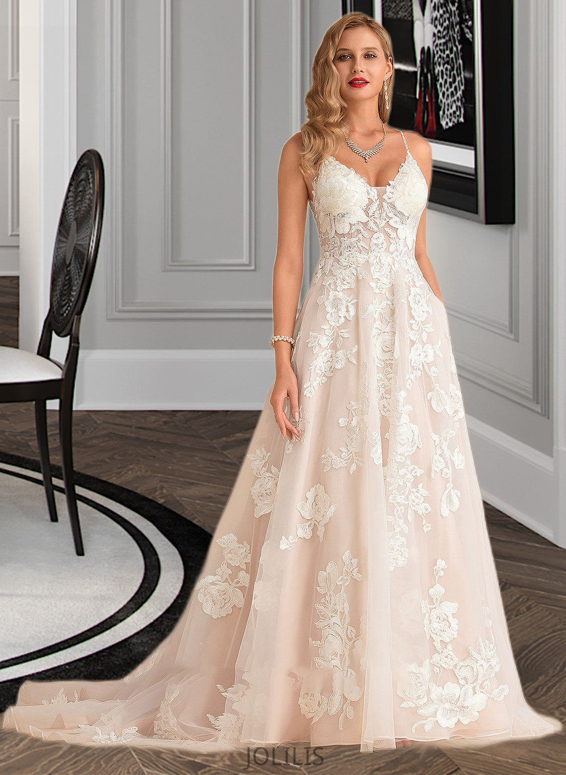 Cassie Ball-Gown/Princess V-neck Court Train Tulle Lace Wedding Dress With Beading Pockets HIP0013679