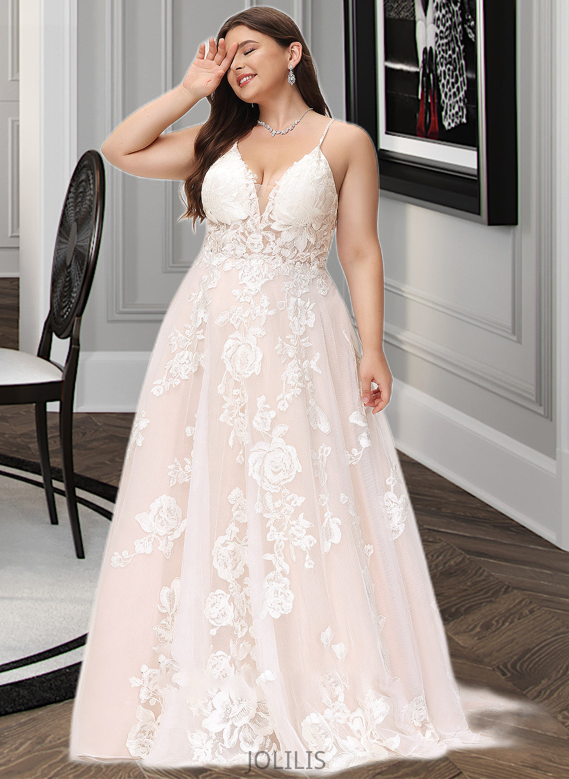 Cassie Ball-Gown/Princess V-neck Court Train Tulle Lace Wedding Dress With Beading Pockets HIP0013679