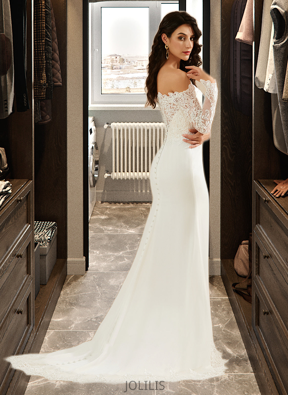 Madeline Trumpet/Mermaid Off-the-Shoulder Court Train Wedding Dress With Lace HIP0013680