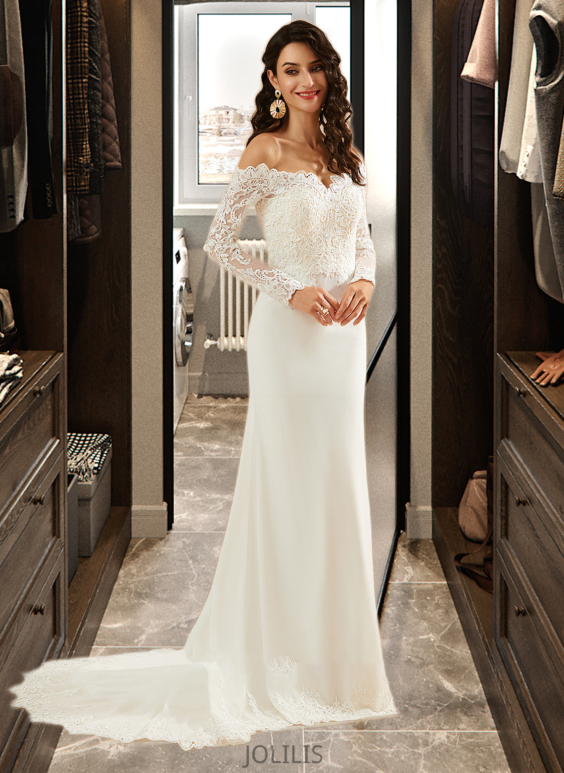 Madeline Trumpet/Mermaid Off-the-Shoulder Court Train Wedding Dress With Lace HIP0013680