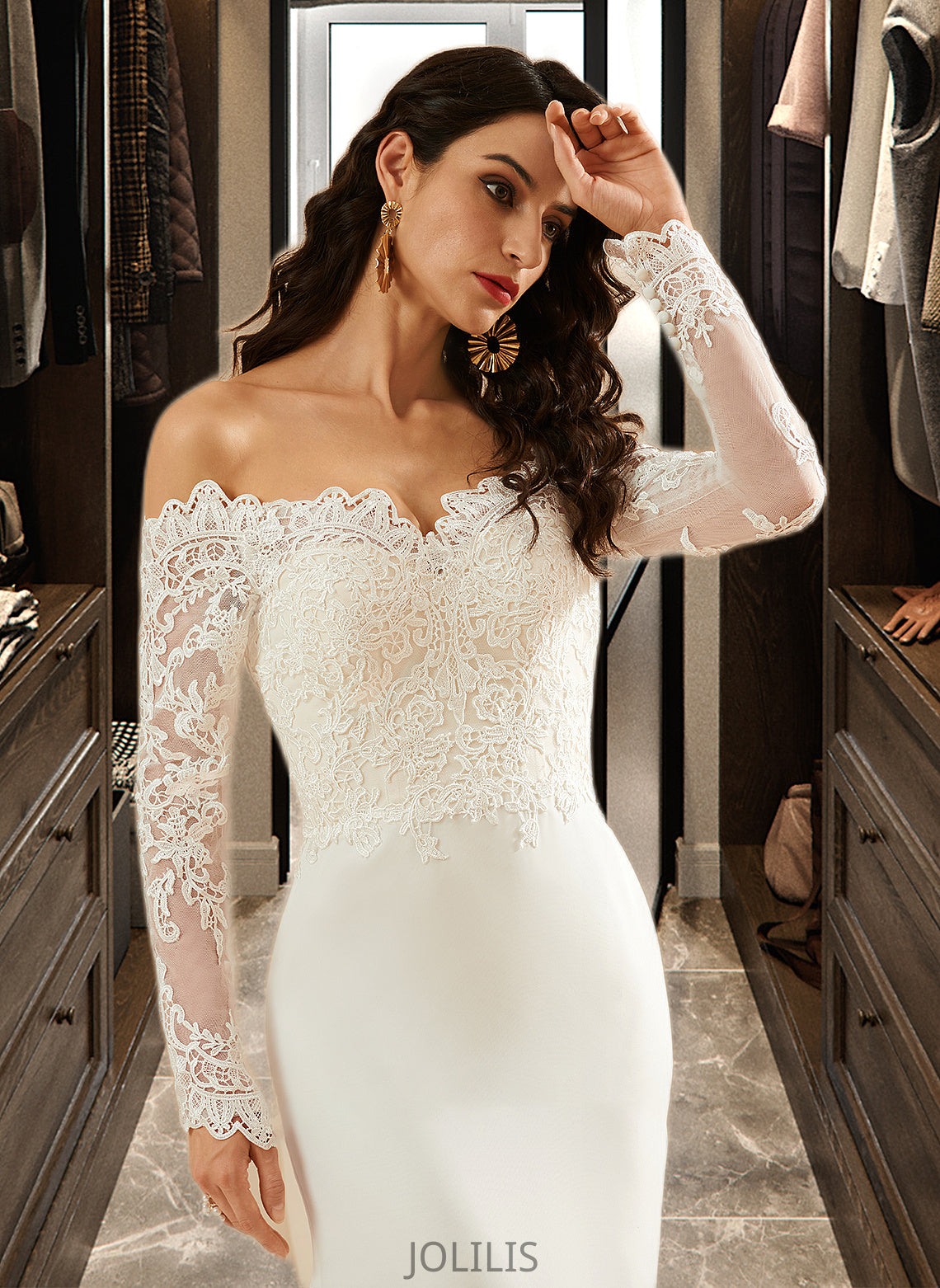 Madeline Trumpet/Mermaid Off-the-Shoulder Court Train Wedding Dress With Lace HIP0013680