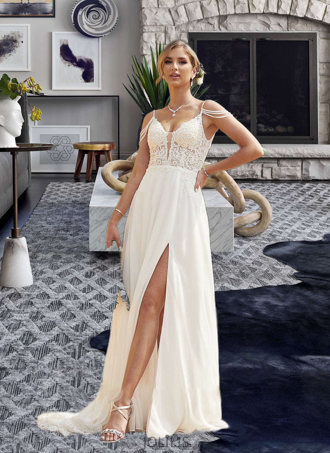 Elise A-Line V-neck Sweep Train Chiffon Lace Wedding Dress With Beading Sequins HIP0013681