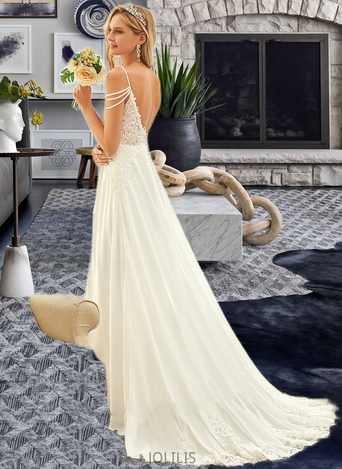 Elise A-Line V-neck Sweep Train Chiffon Lace Wedding Dress With Beading Sequins HIP0013681