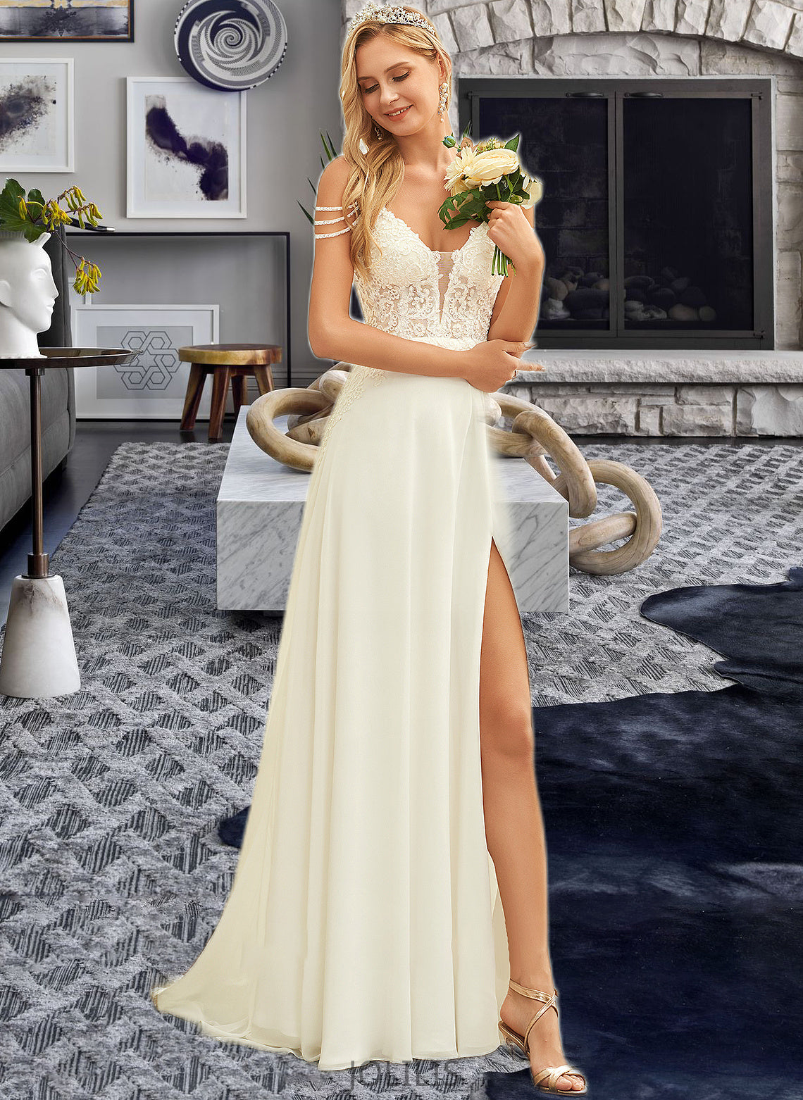 Elise A-Line V-neck Sweep Train Chiffon Lace Wedding Dress With Beading Sequins HIP0013681