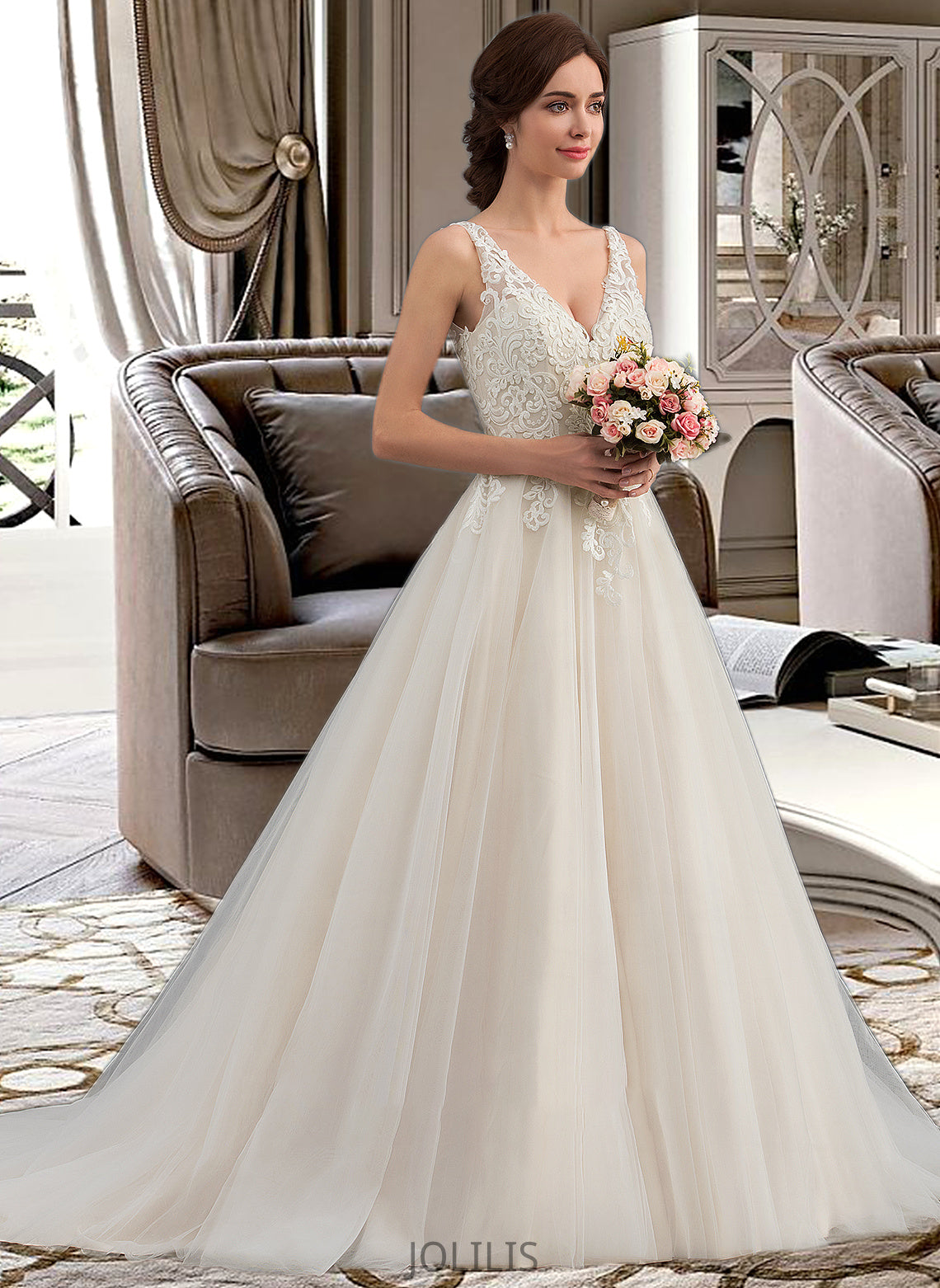 Johanna Ball-Gown/Princess V-neck Court Train Tulle Wedding Dress HIP0013682