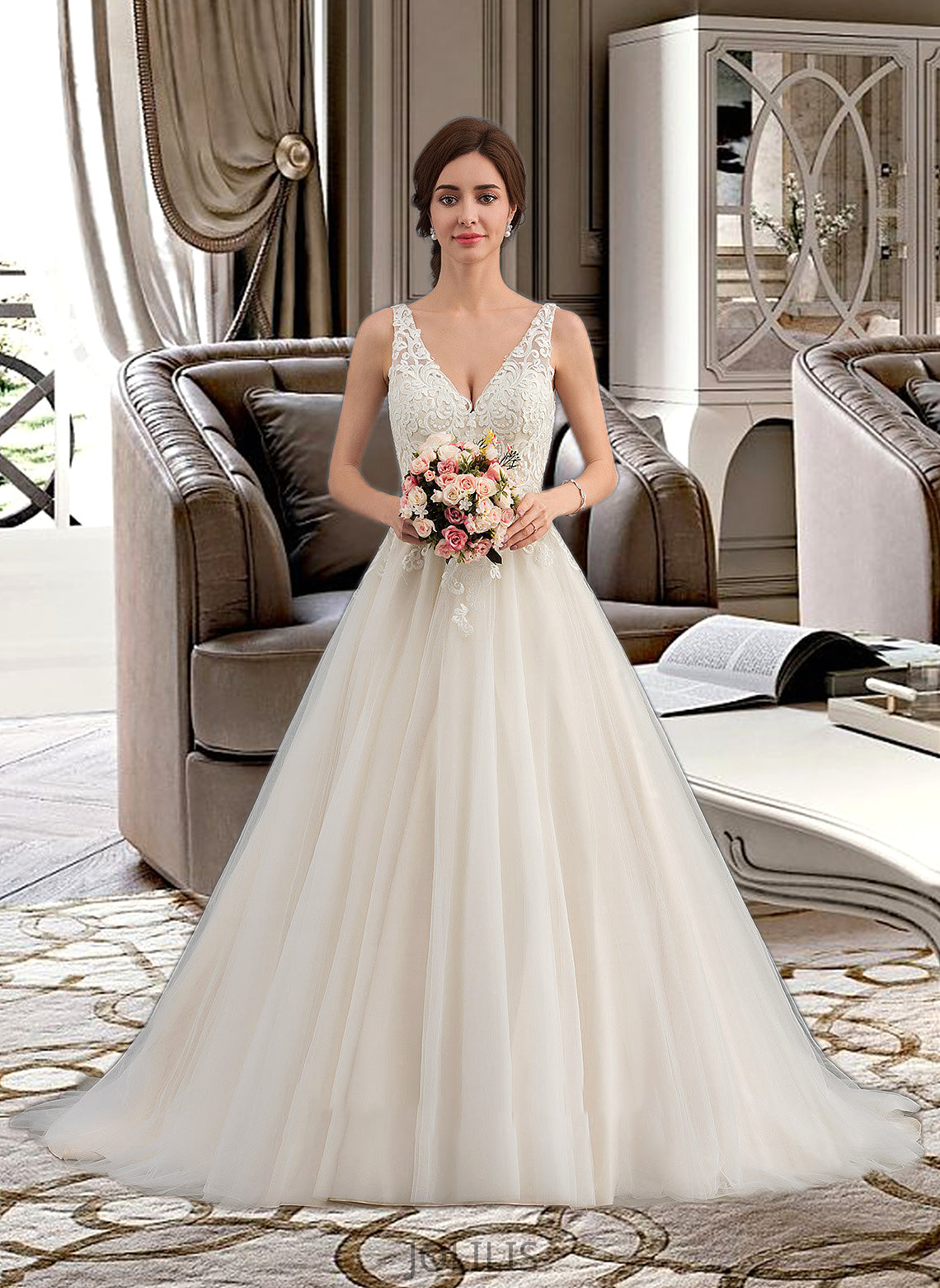 Johanna Ball-Gown/Princess V-neck Court Train Tulle Wedding Dress HIP0013682