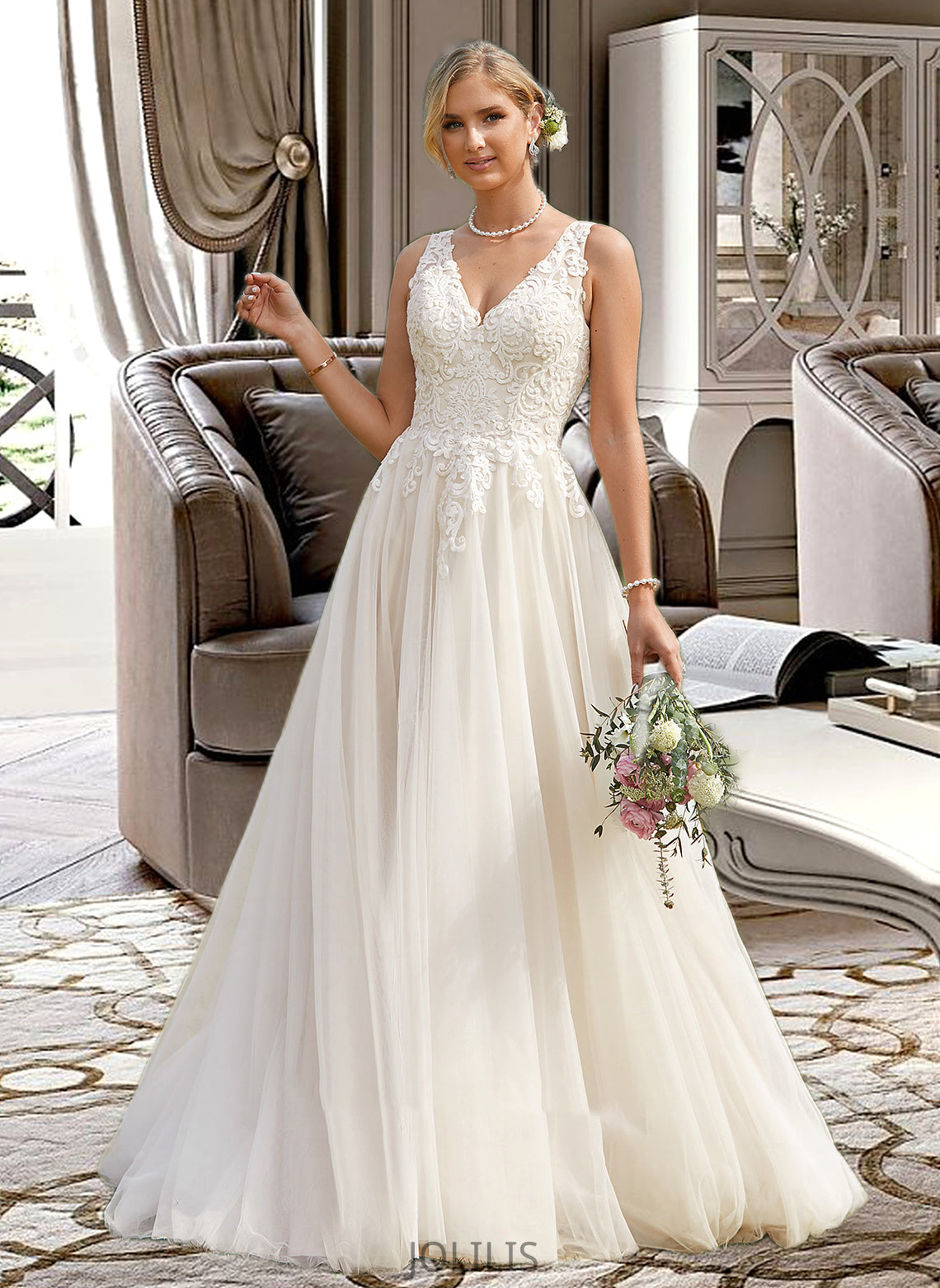 Johanna Ball-Gown/Princess V-neck Court Train Tulle Wedding Dress HIP0013682