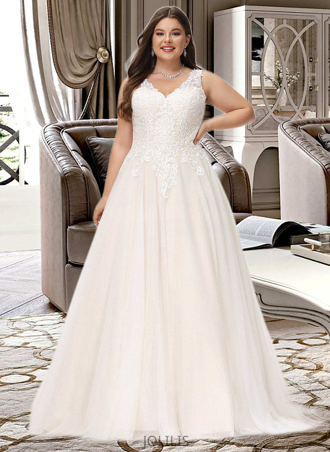 Johanna Ball-Gown/Princess V-neck Court Train Tulle Wedding Dress HIP0013682