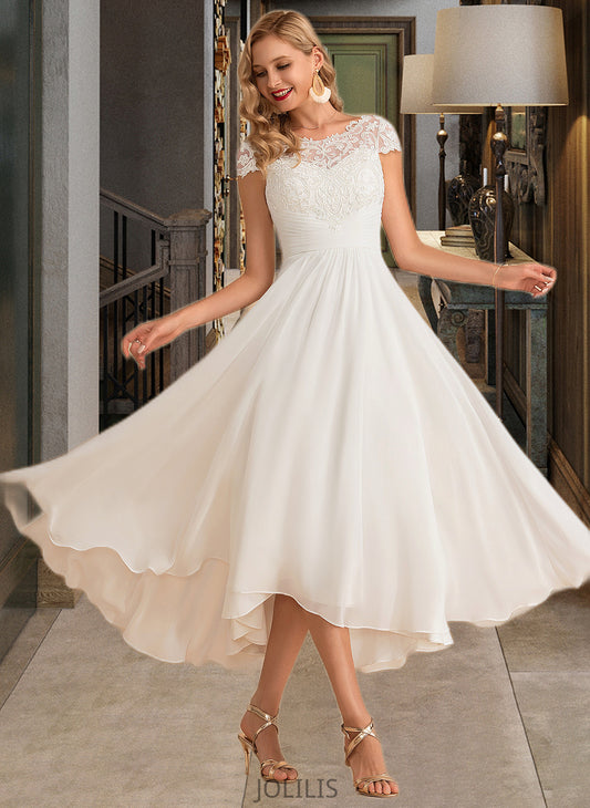 Elva A-Line Scoop Neck Asymmetrical Chiffon Wedding Dress HIP0013683