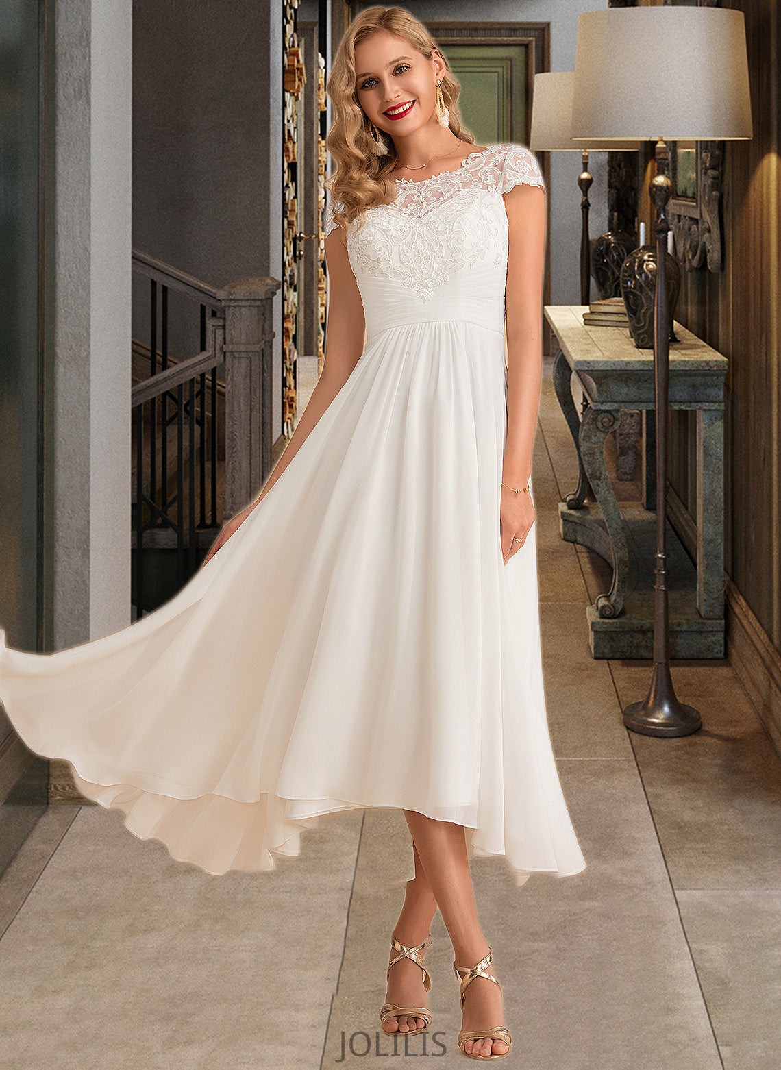 Elva A-Line Scoop Neck Asymmetrical Chiffon Wedding Dress HIP0013683