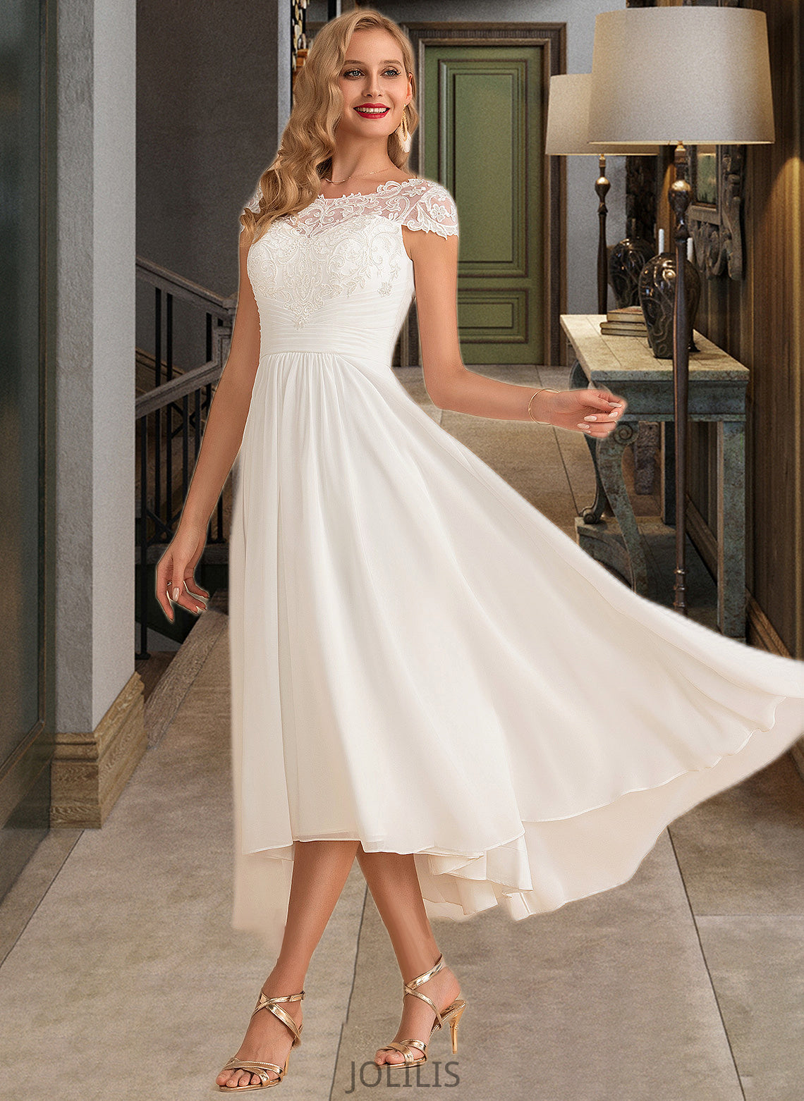 Elva A-Line Scoop Neck Asymmetrical Chiffon Wedding Dress HIP0013683