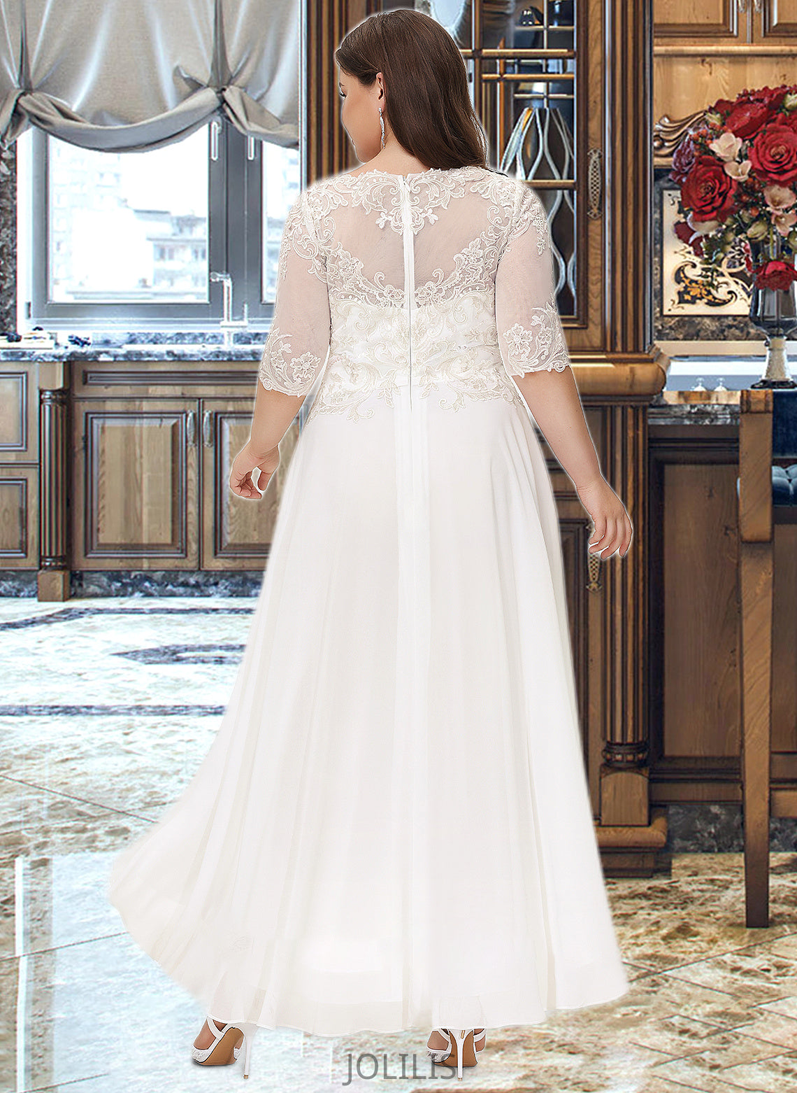 Cheyenne A-Line Scoop Neck Asymmetrical Chiffon Wedding Dress With Beading Sequins HIP0013686