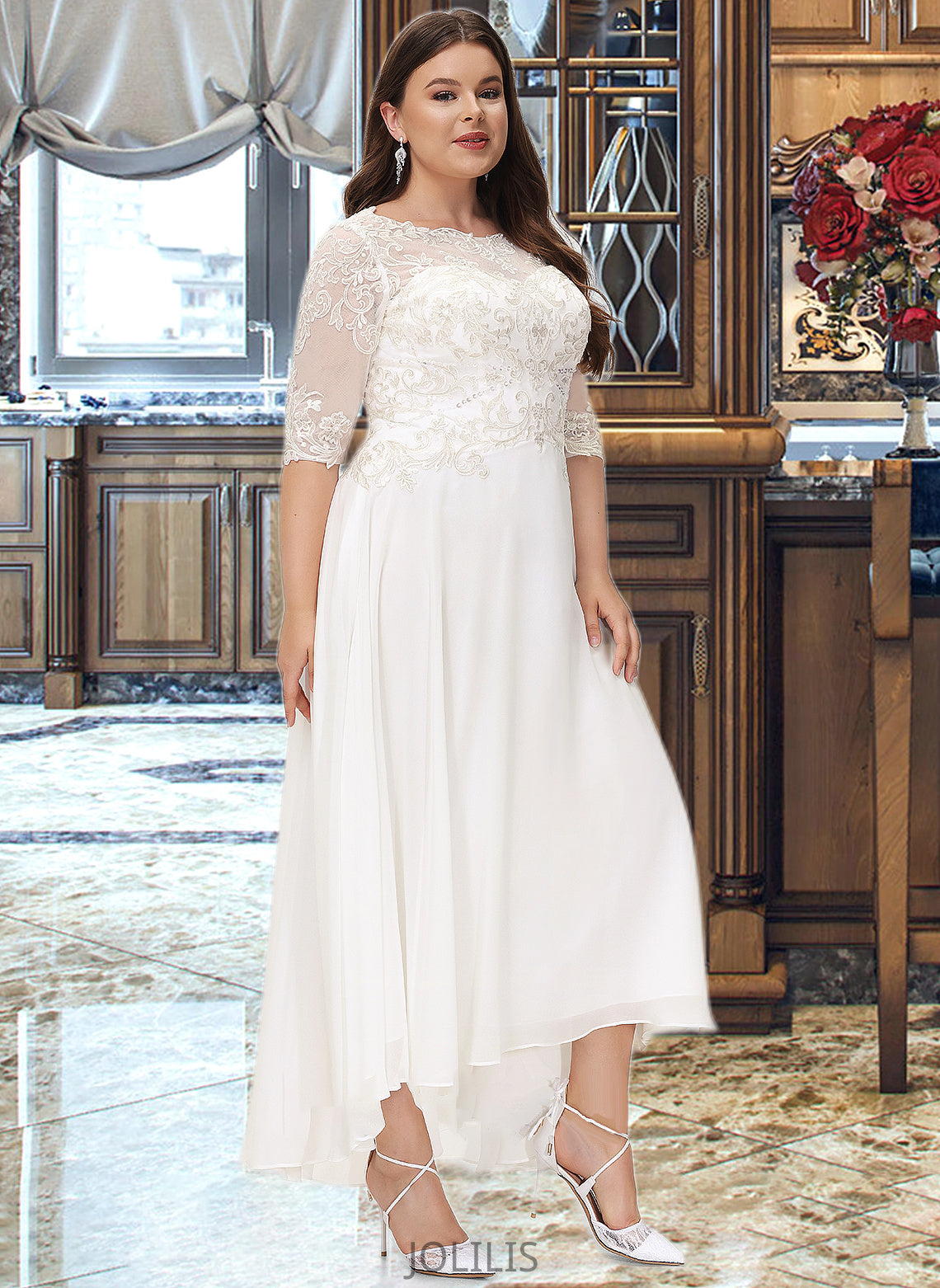 Cheyenne A-Line Scoop Neck Asymmetrical Chiffon Wedding Dress With Beading Sequins HIP0013686