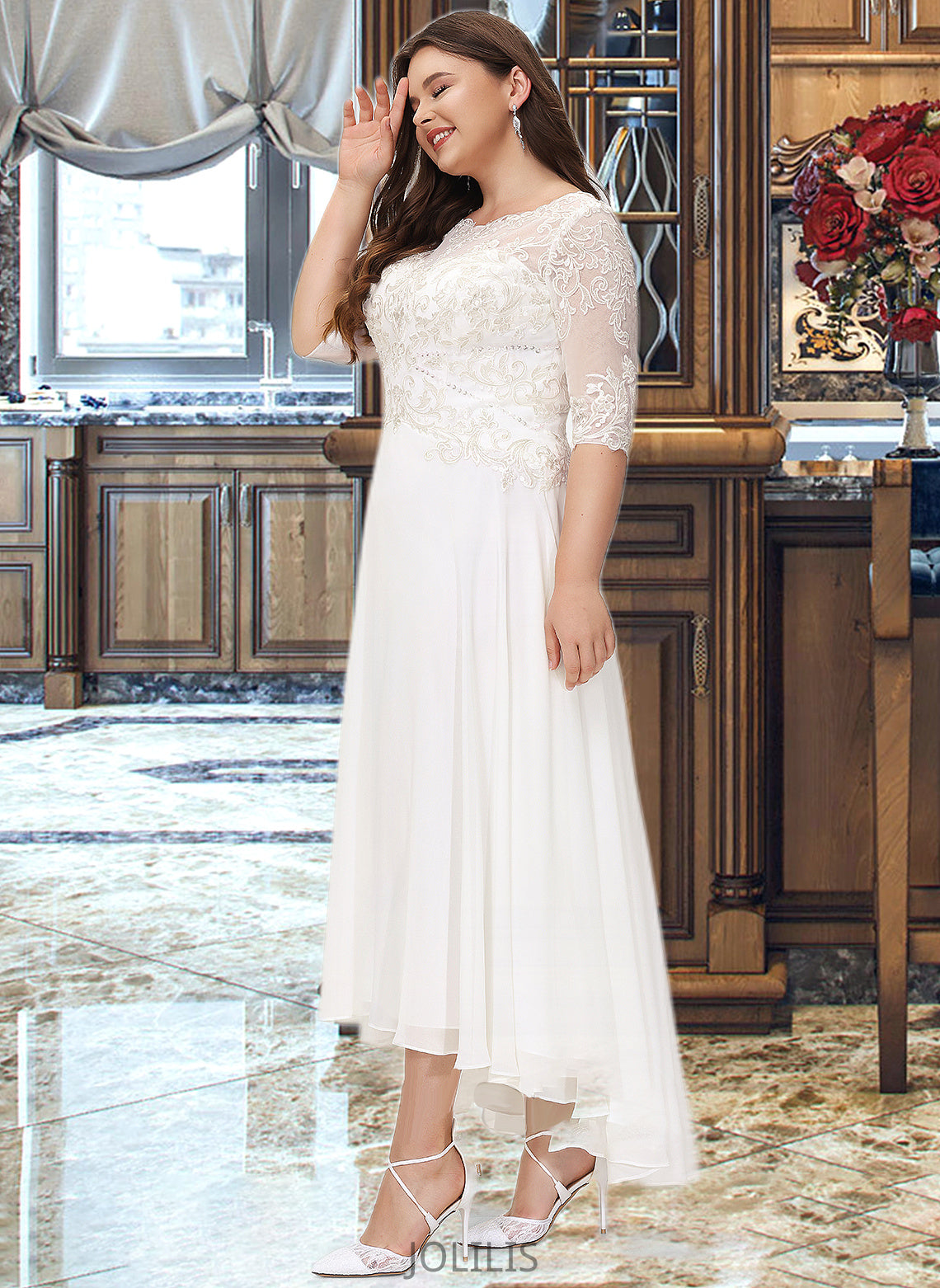 Cheyenne A-Line Scoop Neck Asymmetrical Chiffon Wedding Dress With Beading Sequins HIP0013686