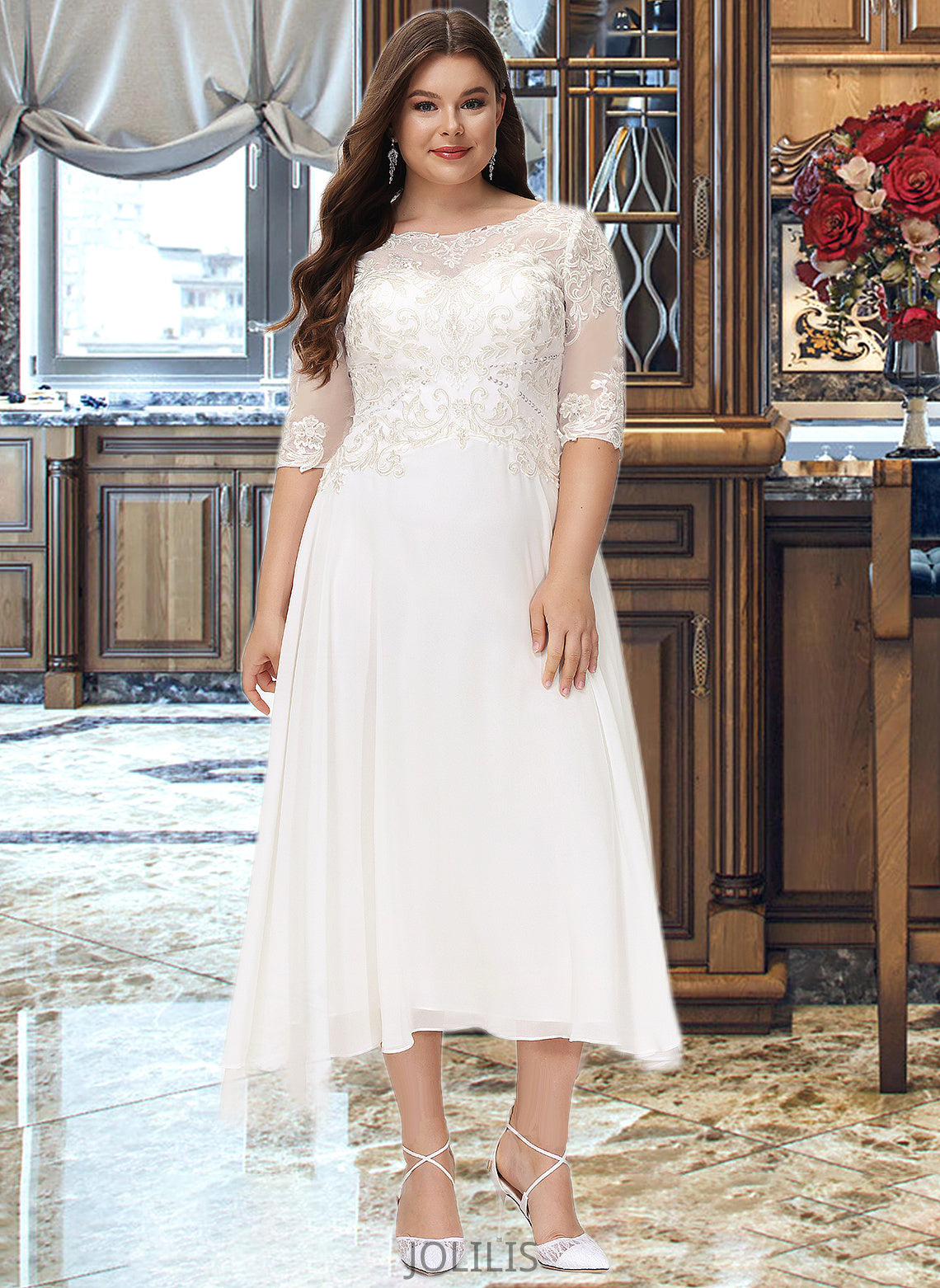 Cheyenne A-Line Scoop Neck Asymmetrical Chiffon Wedding Dress With Beading Sequins HIP0013686