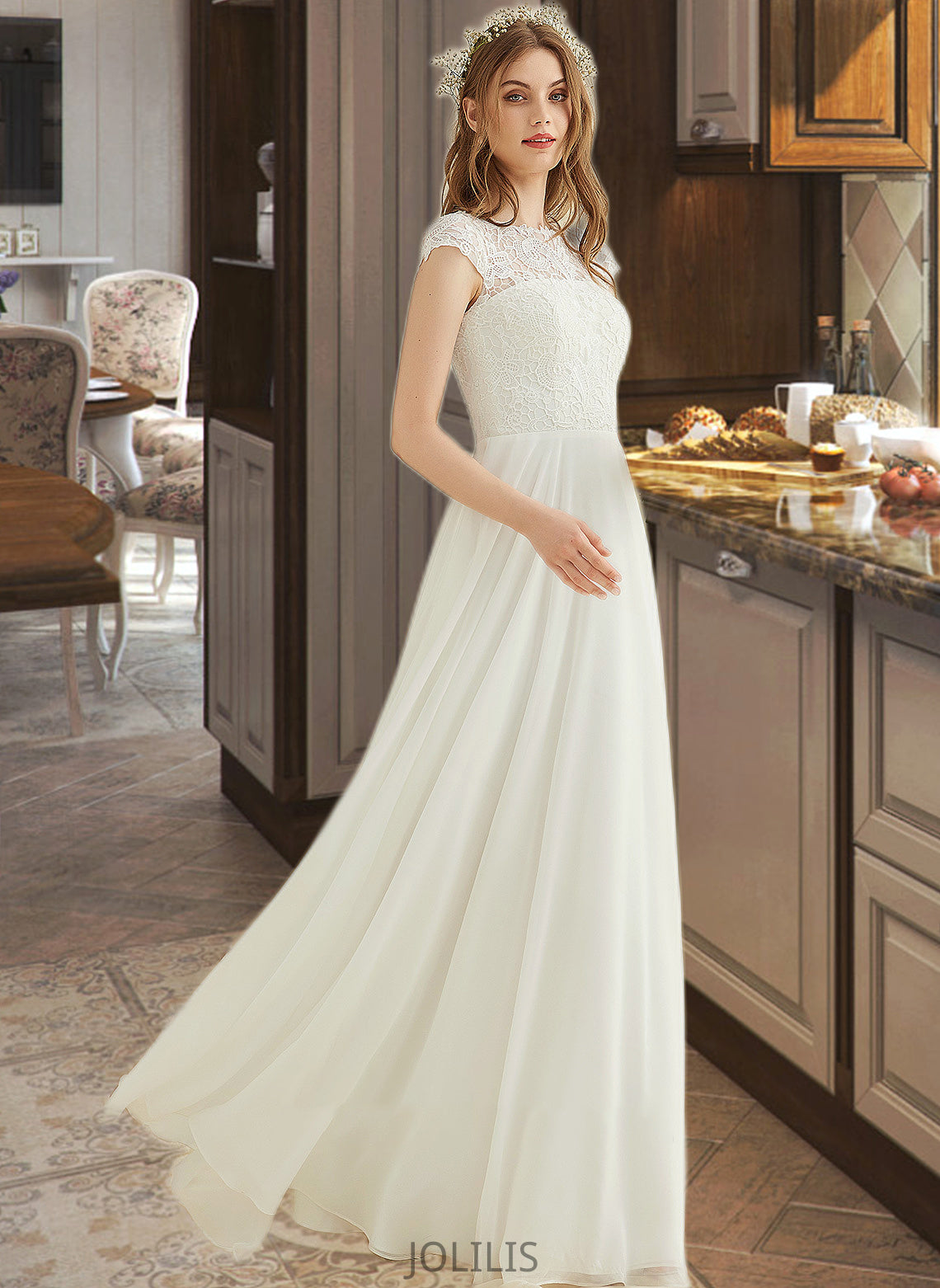 Patricia A-Line Floor-Length Chiffon Lace Wedding Dress HIP0013687