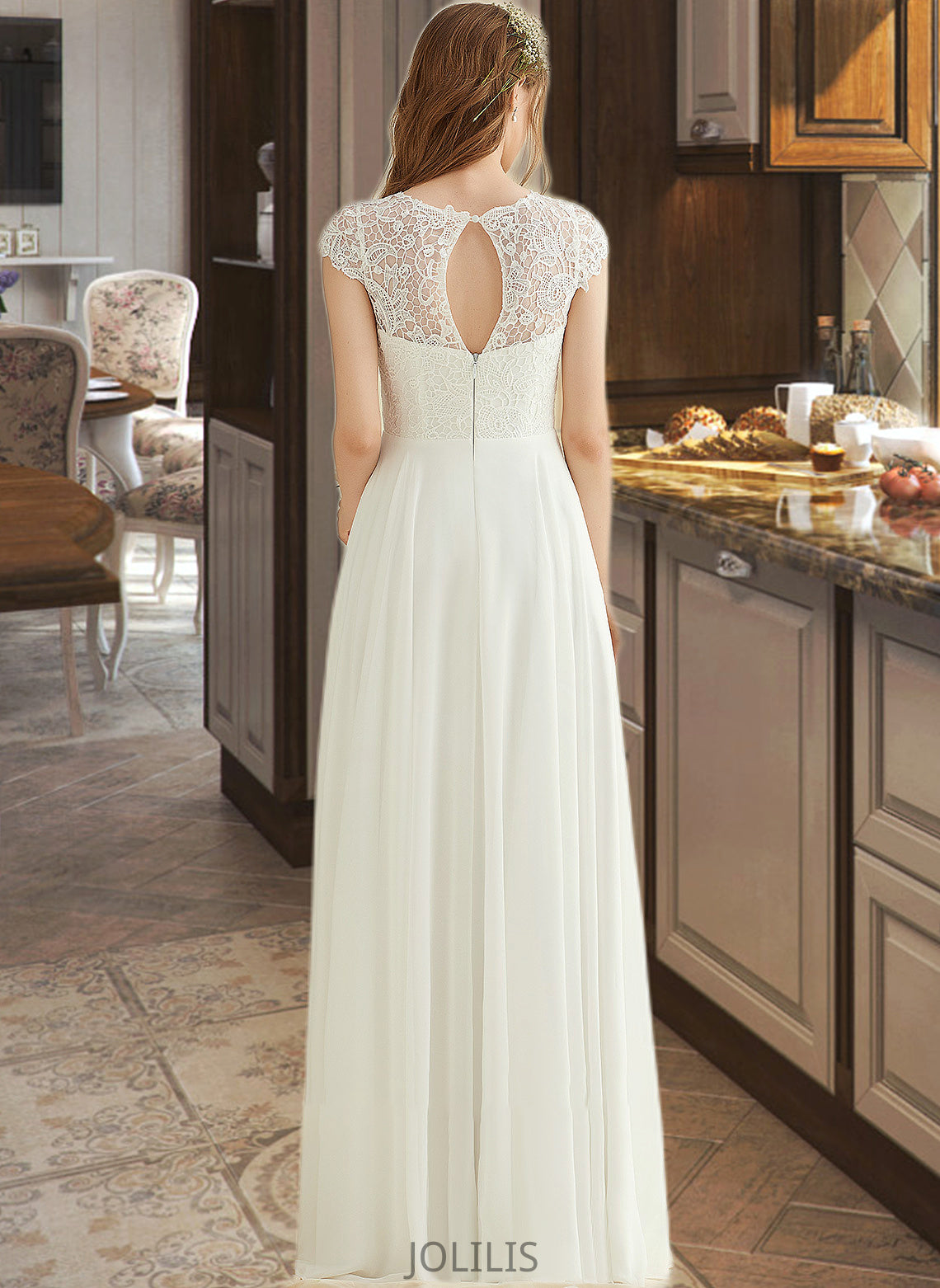 Patricia A-Line Floor-Length Chiffon Lace Wedding Dress HIP0013687