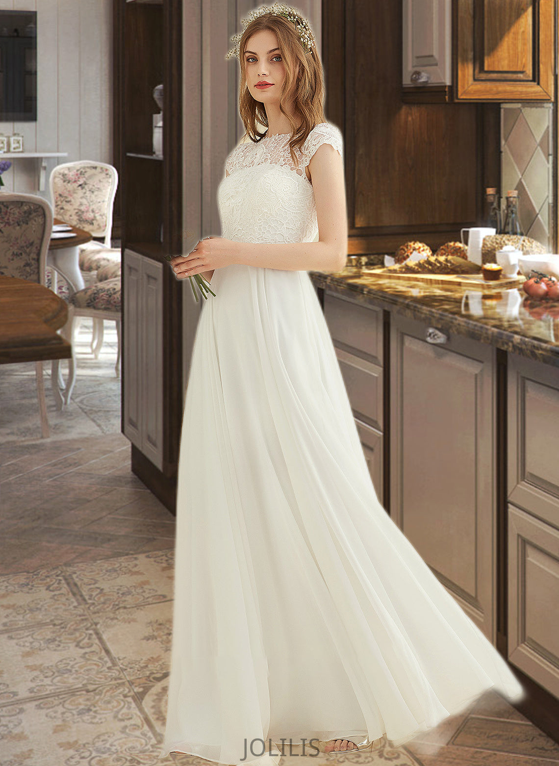 Patricia A-Line Floor-Length Chiffon Lace Wedding Dress HIP0013687