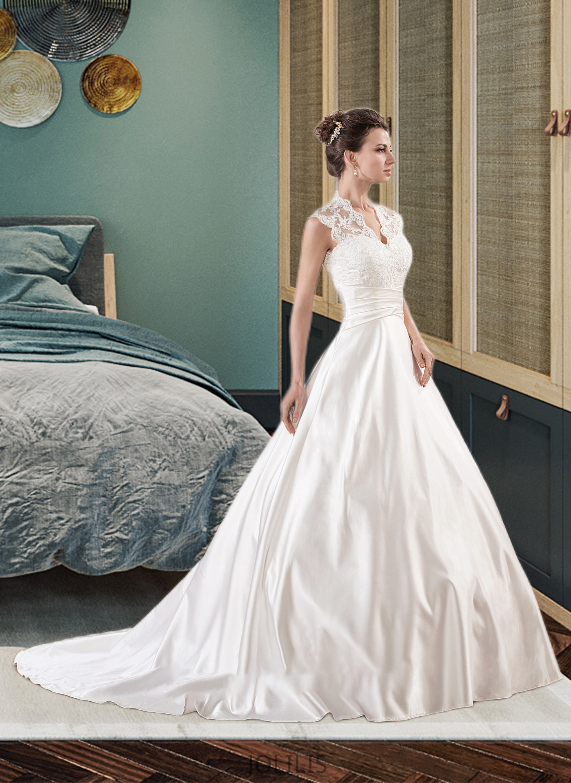 Everly Ball-Gown/Princess V-neck Court Train Satin Lace Wedding Dress With Ruffle HIP0013688