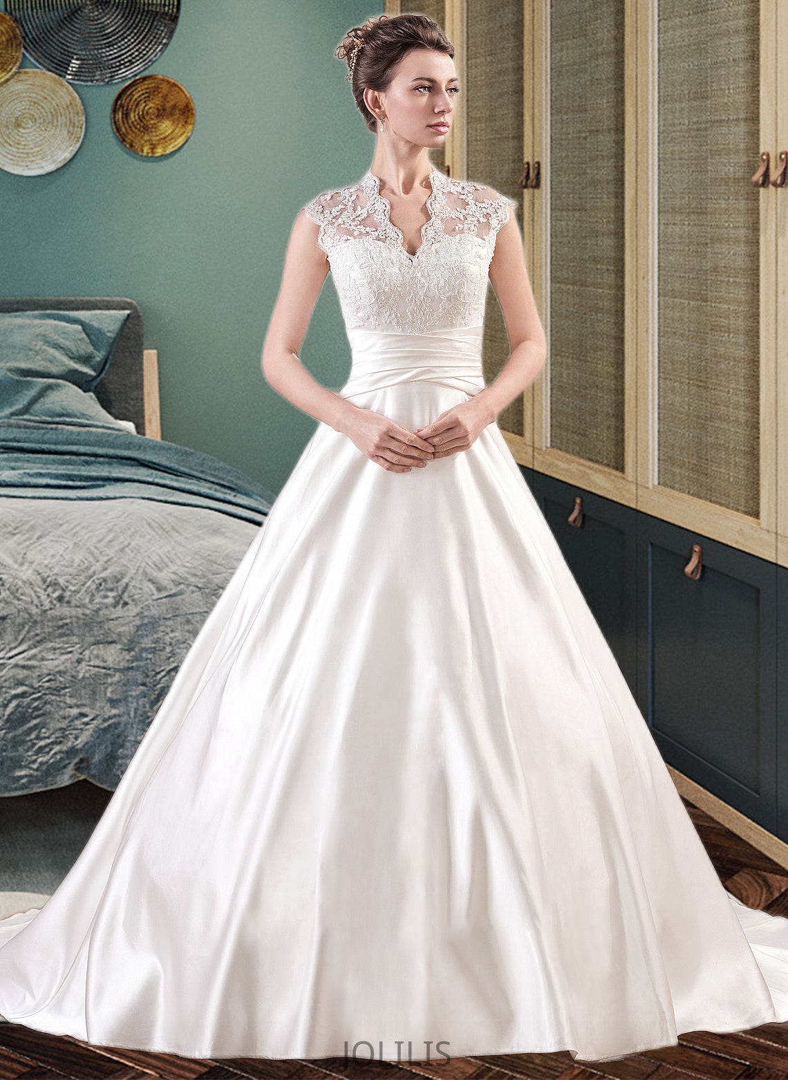 Everly Ball-Gown/Princess V-neck Court Train Satin Lace Wedding Dress With Ruffle HIP0013688