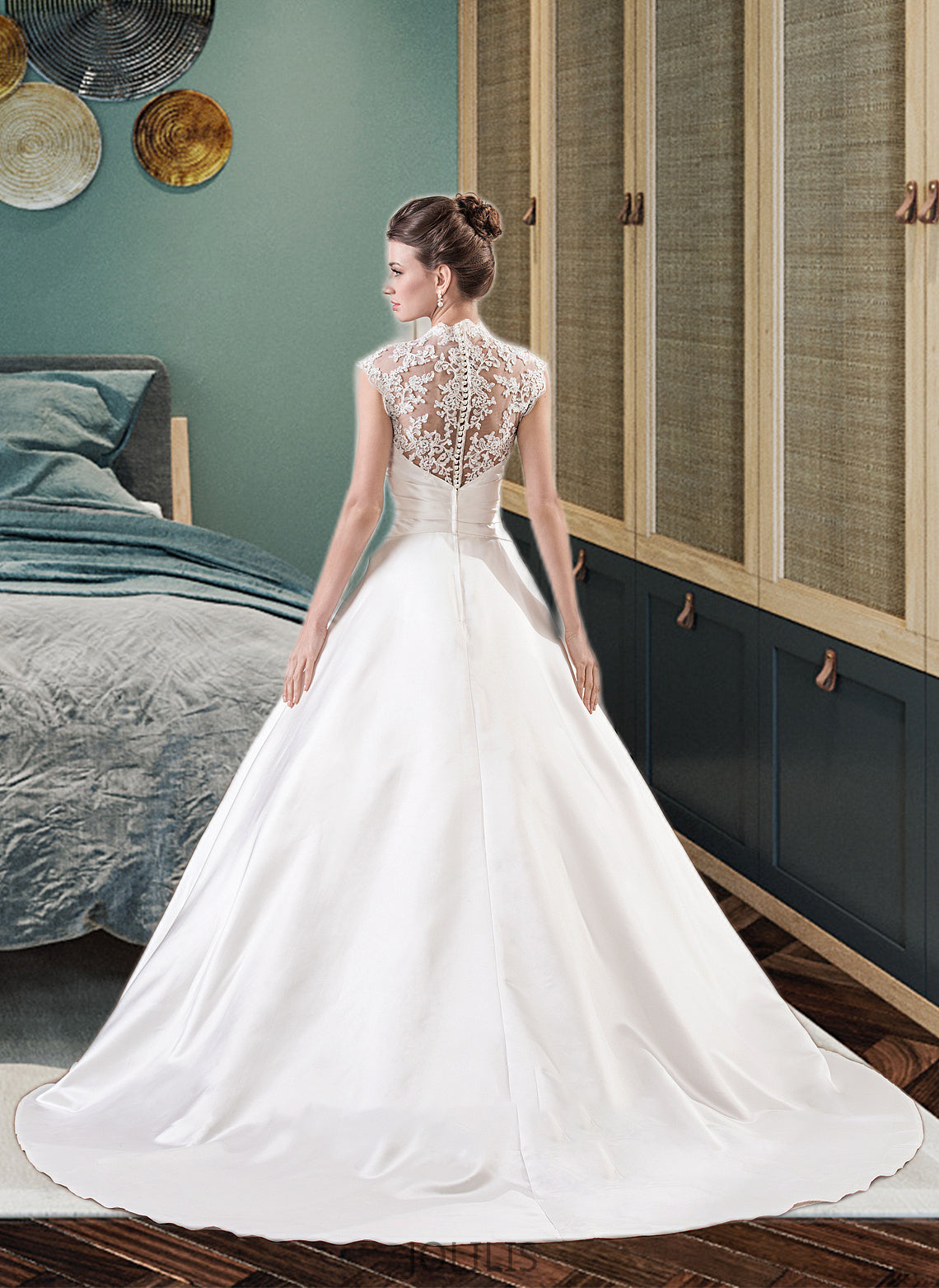 Everly Ball-Gown/Princess V-neck Court Train Satin Lace Wedding Dress With Ruffle HIP0013688