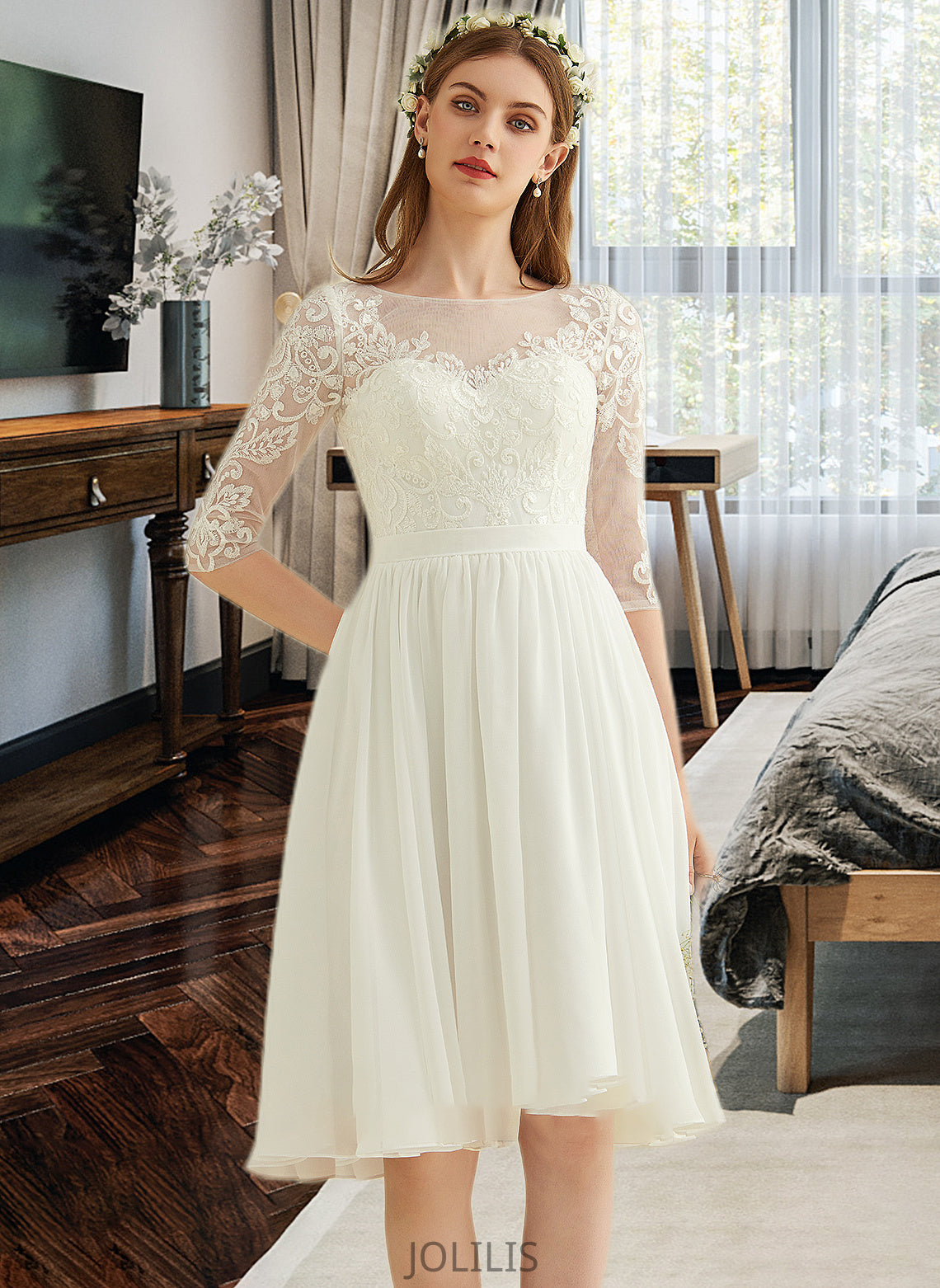 Lindsey A-Line Knee-Length Chiffon Lace Wedding Dress With Sequins HIP0013689