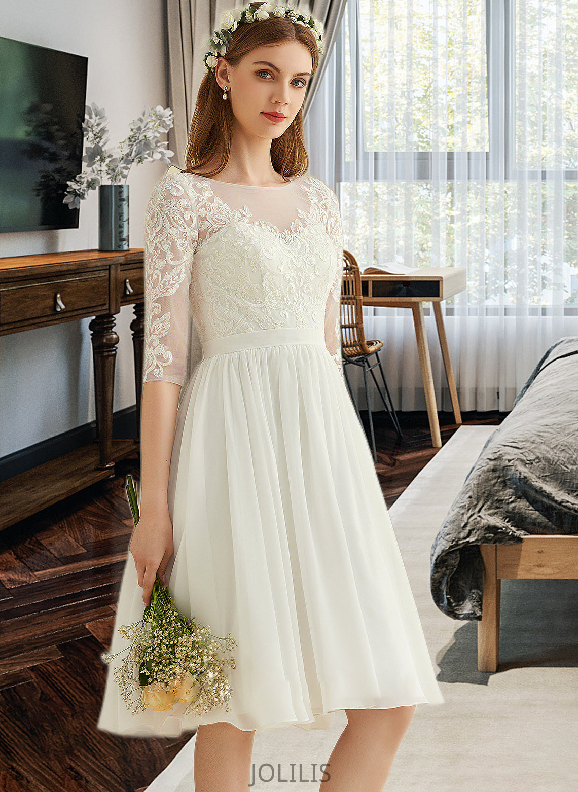 Lindsey A-Line Knee-Length Chiffon Lace Wedding Dress With Sequins HIP0013689