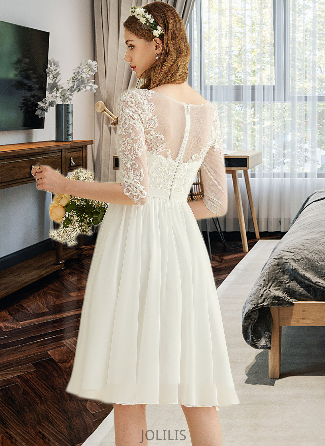 Lindsey A-Line Knee-Length Chiffon Lace Wedding Dress With Sequins HIP0013689