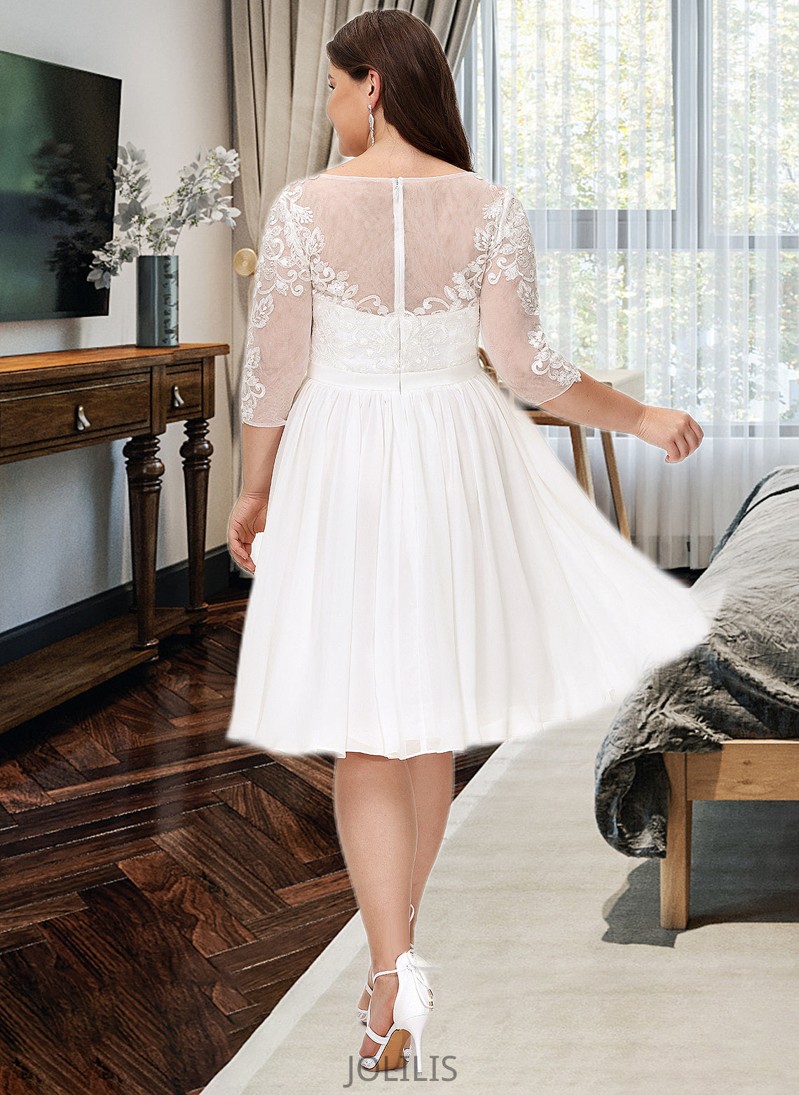 Lindsey A-Line Knee-Length Chiffon Lace Wedding Dress With Sequins HIP0013689