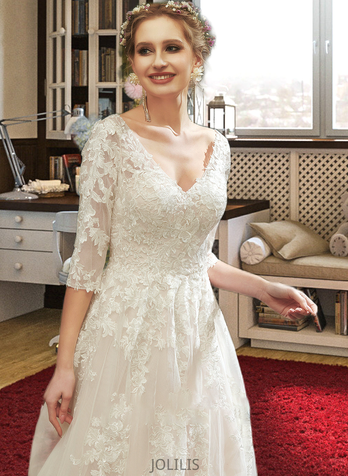 Kaelyn A-Line V-neck Court Train Wedding Dress With Sequins HIP0013690