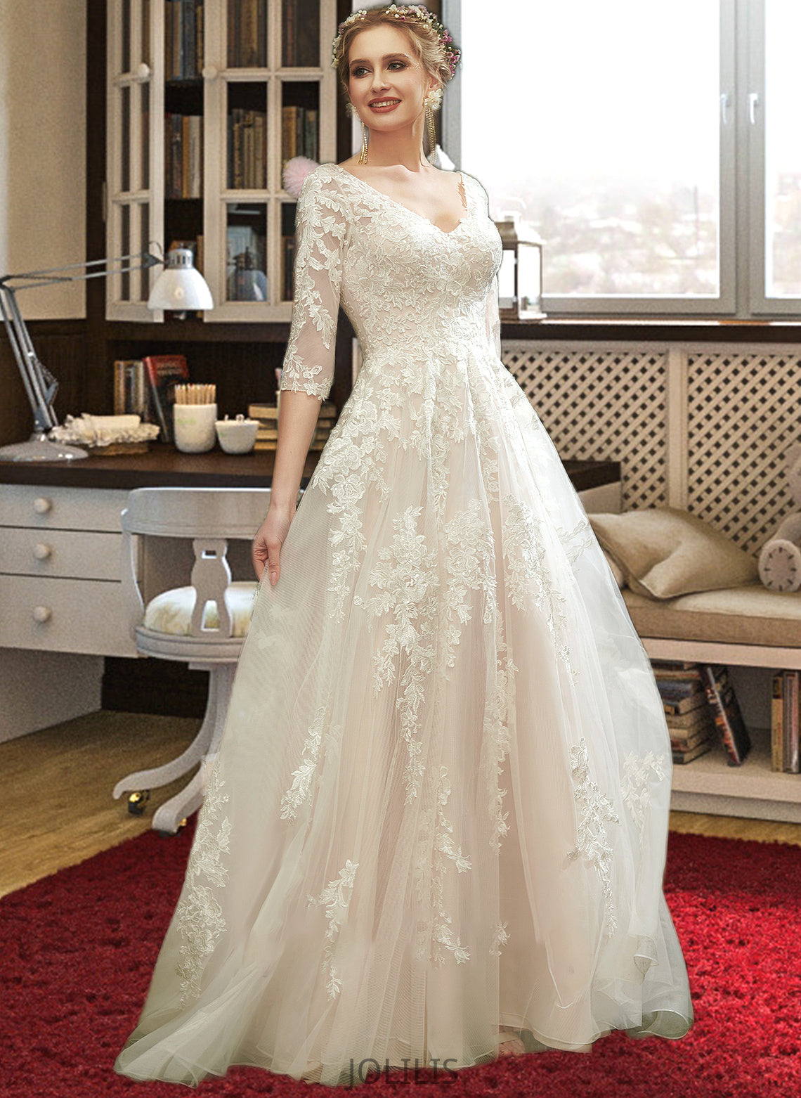 Kaelyn A-Line V-neck Court Train Wedding Dress With Sequins HIP0013690